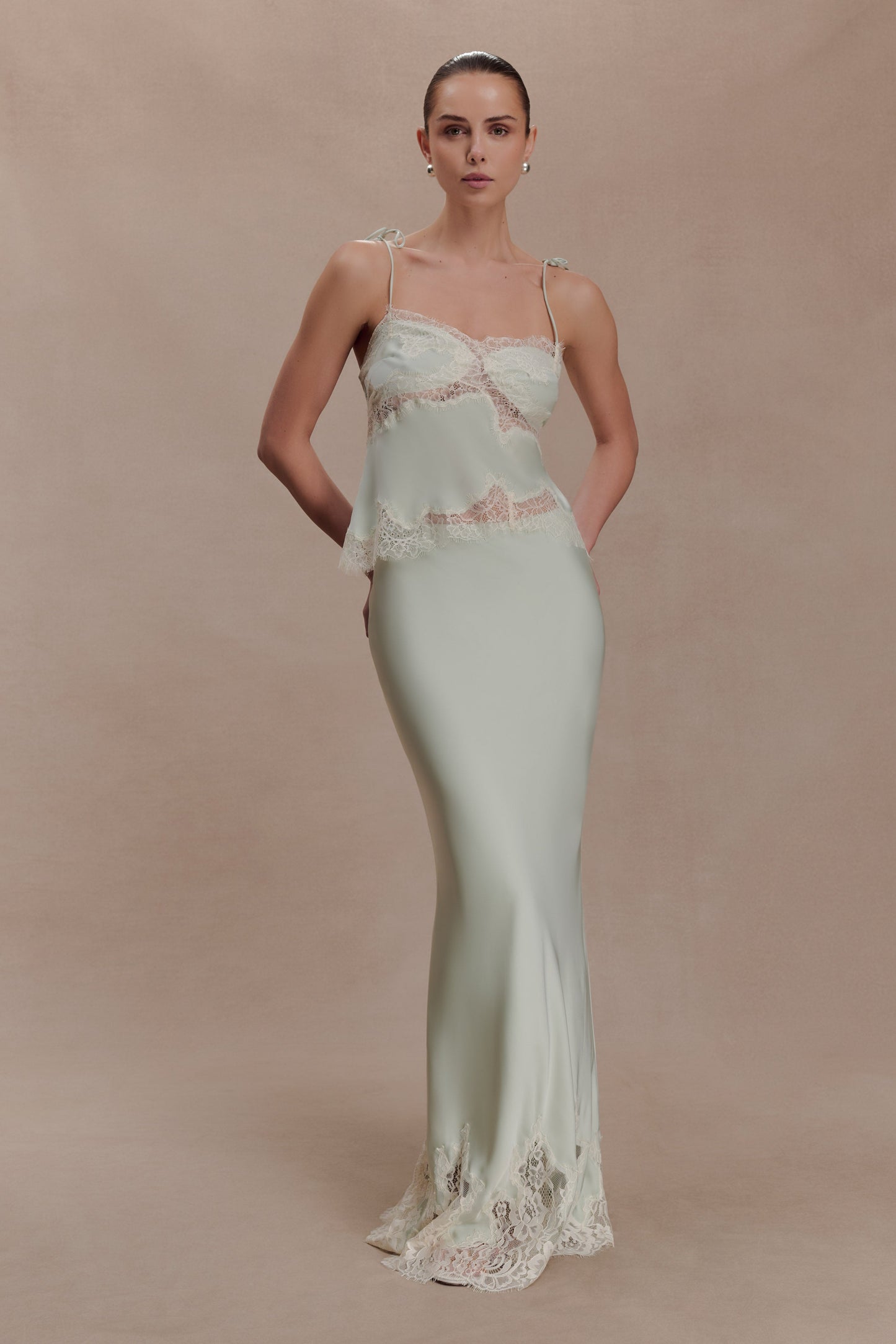 Nina Satin And Lace Maxi Skirt - Sage