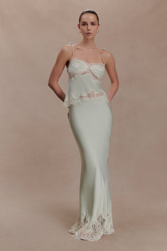 Nina Satin And Lace Maxi Skirt - Sage
