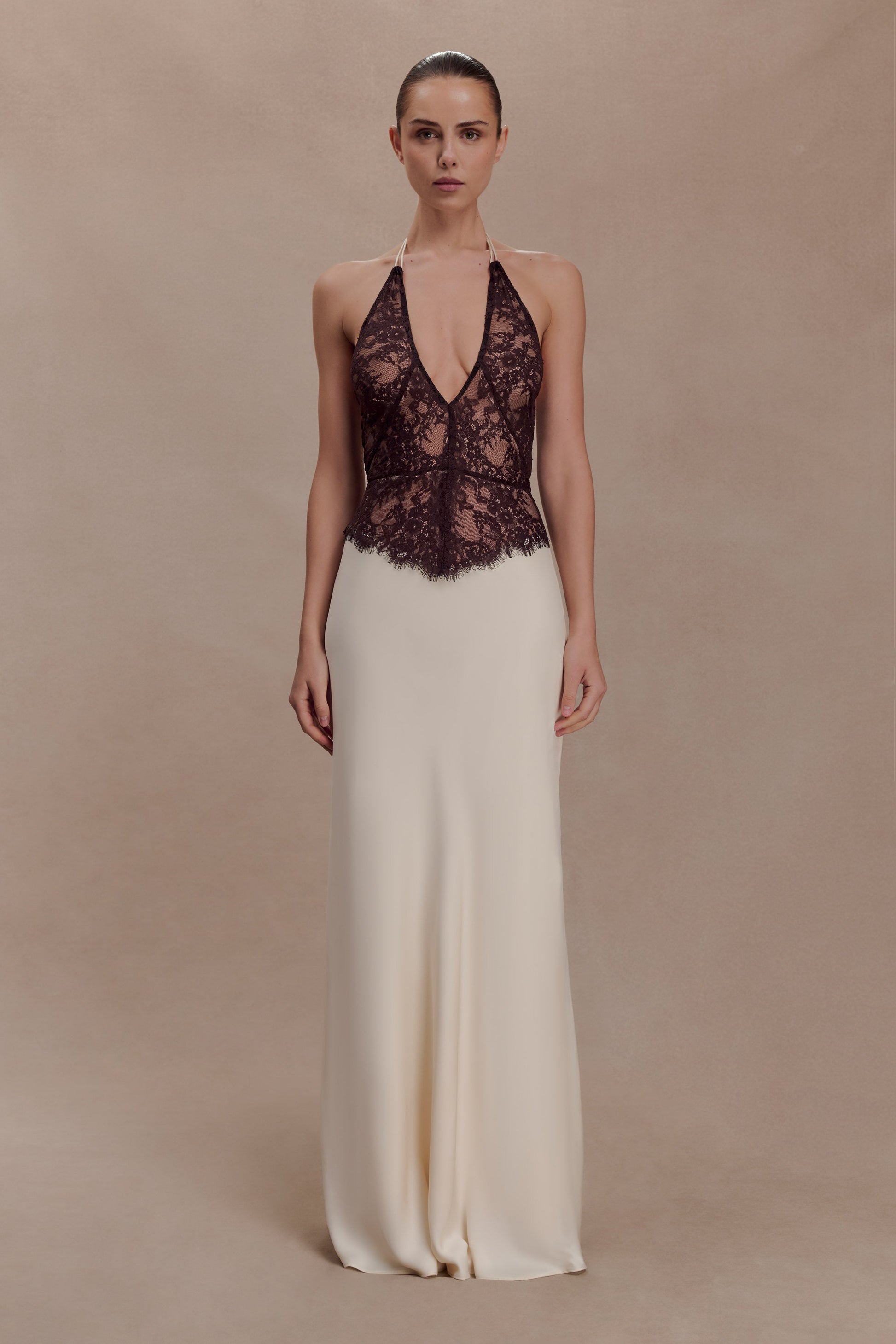 Sascha Lace And Satin Halter Maxi Dress / Ivory/Chocolate | MESHKI