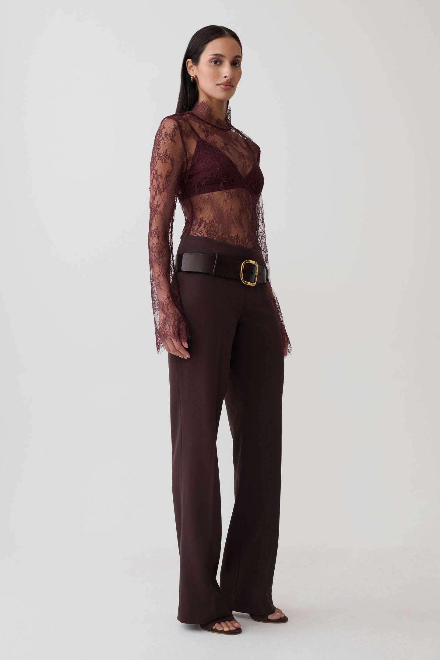 Alizette High Neck Long Sleeve Lace Top - Burgundy