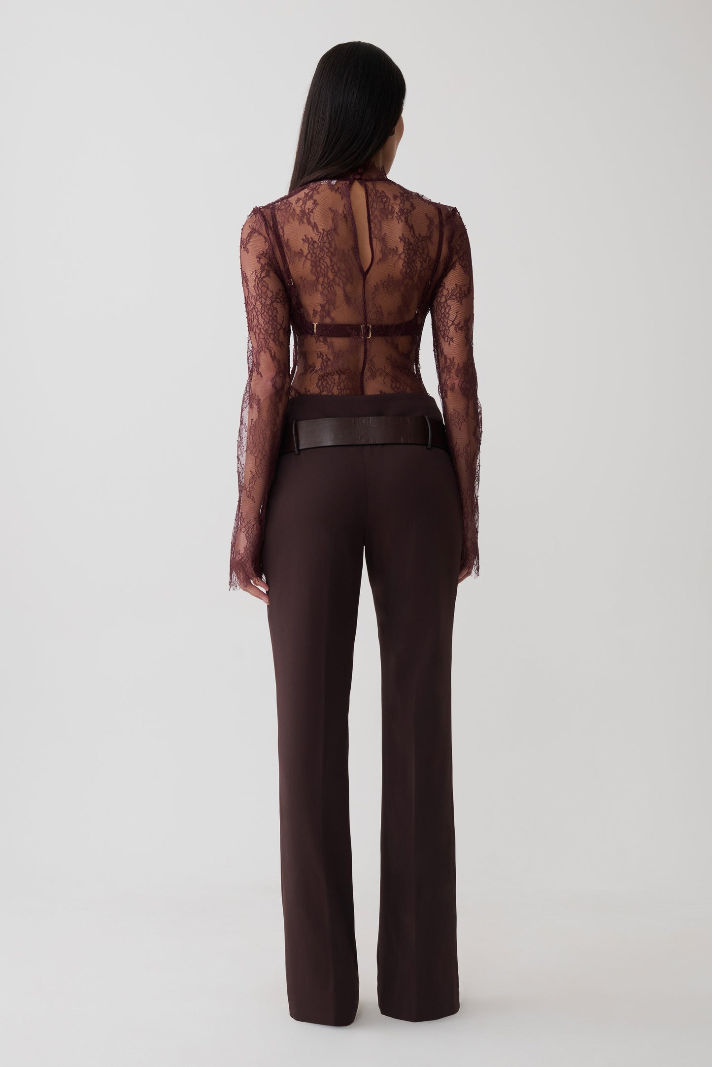 Alizette High Neck Long Sleeve Lace Top - Burgundy