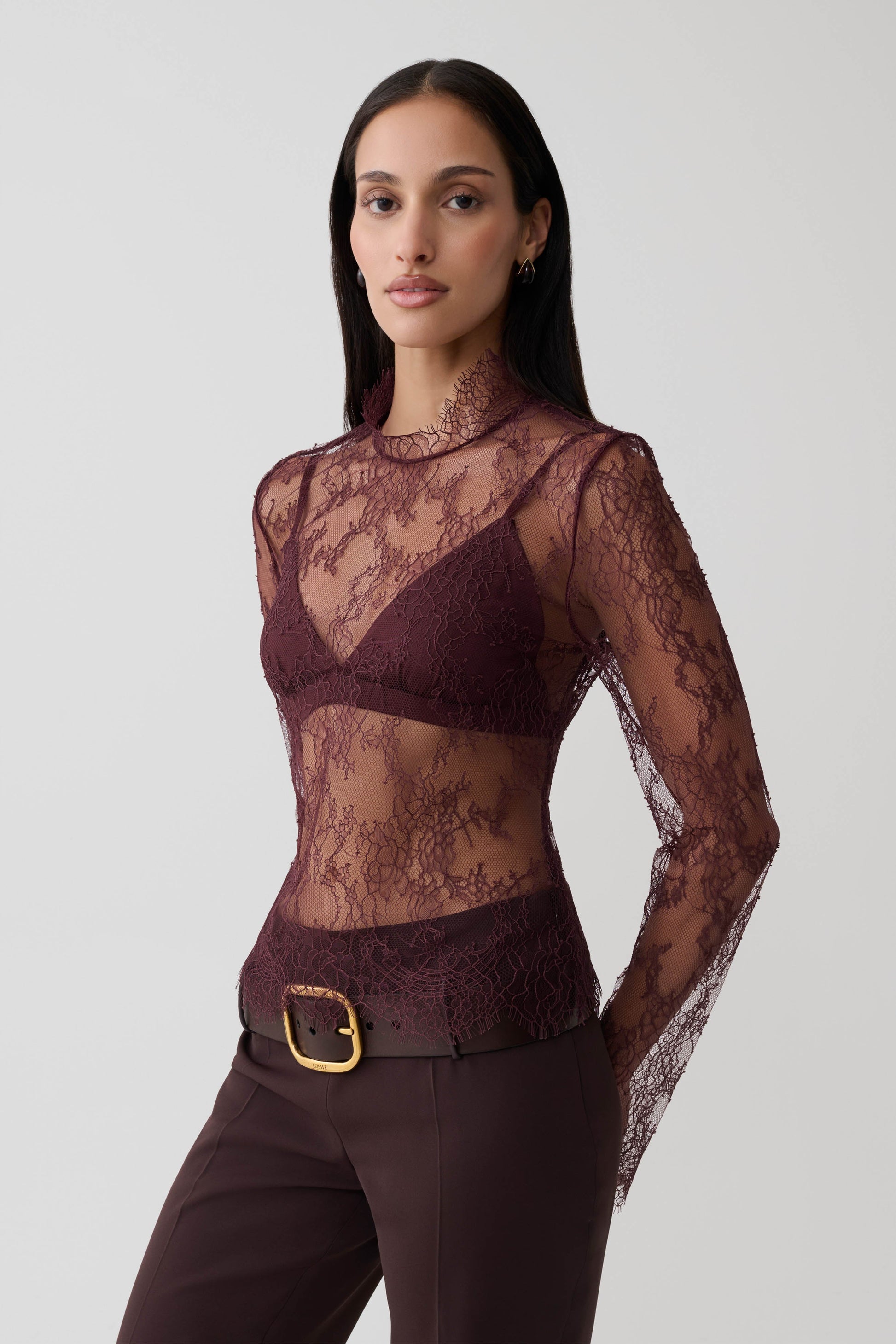 Alizette High Neck Long Sleeve Lace Top - Burgundy #4