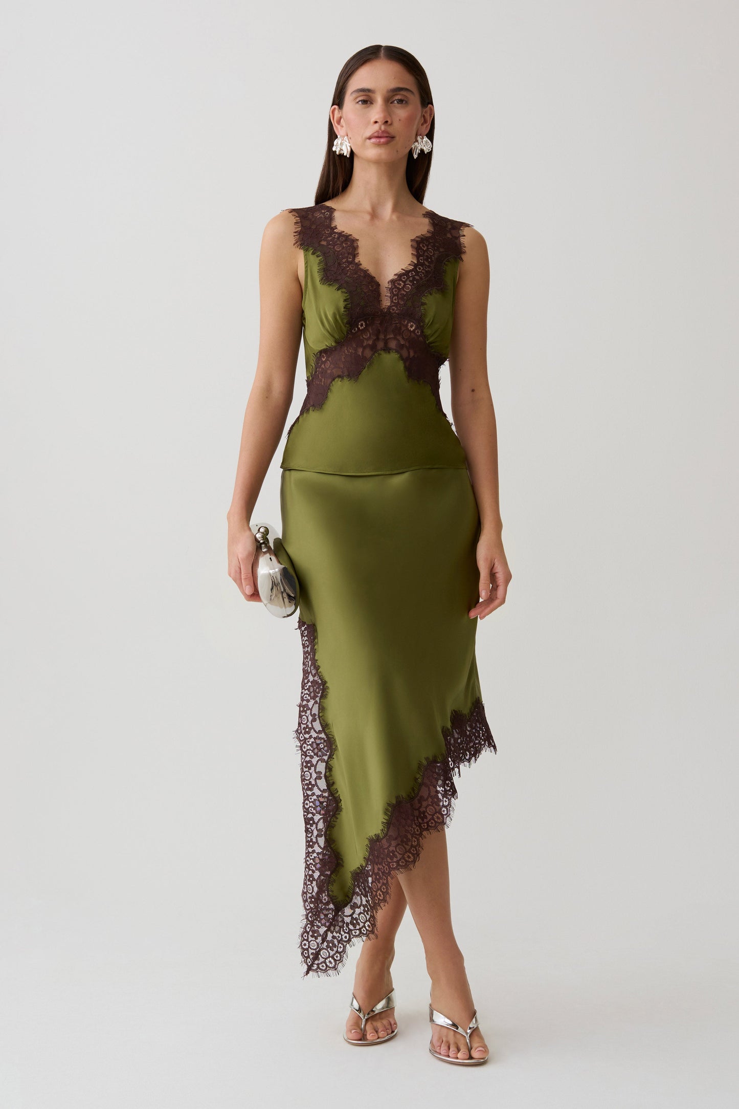 Amber Satin And Lace Camisole - Olive