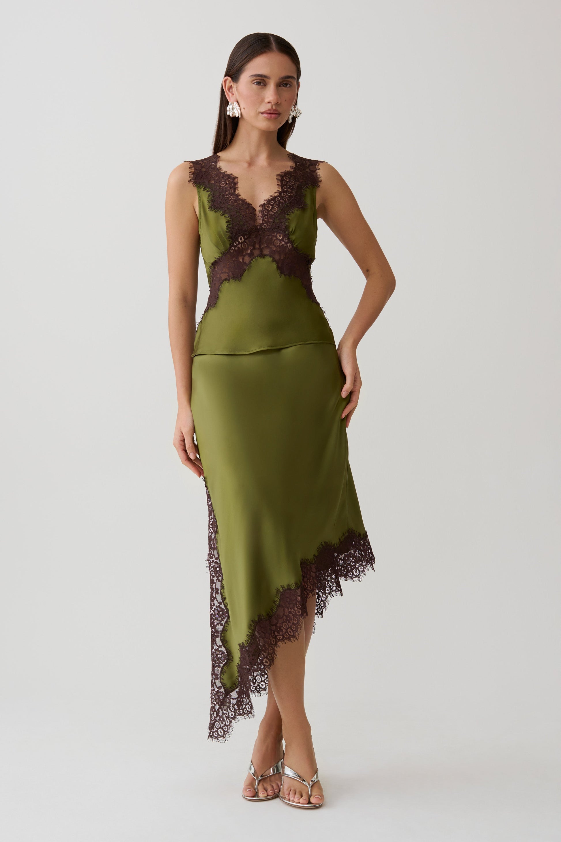 Amber Satin And Lace Camisole - Olive #6
