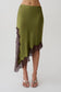 Woman wearing a green and brown satin and lace midi skirt.