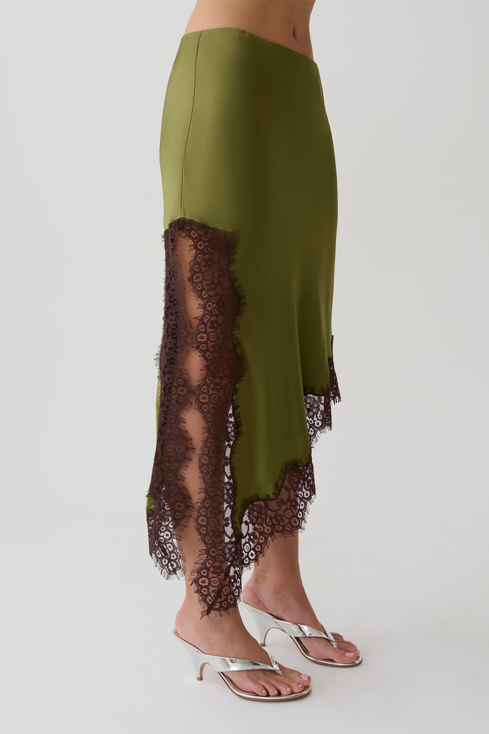 Amber Satin And Lace Midi Skirt - Olive #6