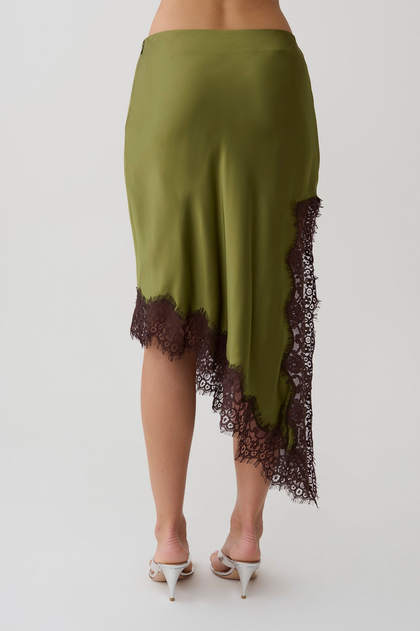 Amber Satin And Lace Midi Skirt - Olive