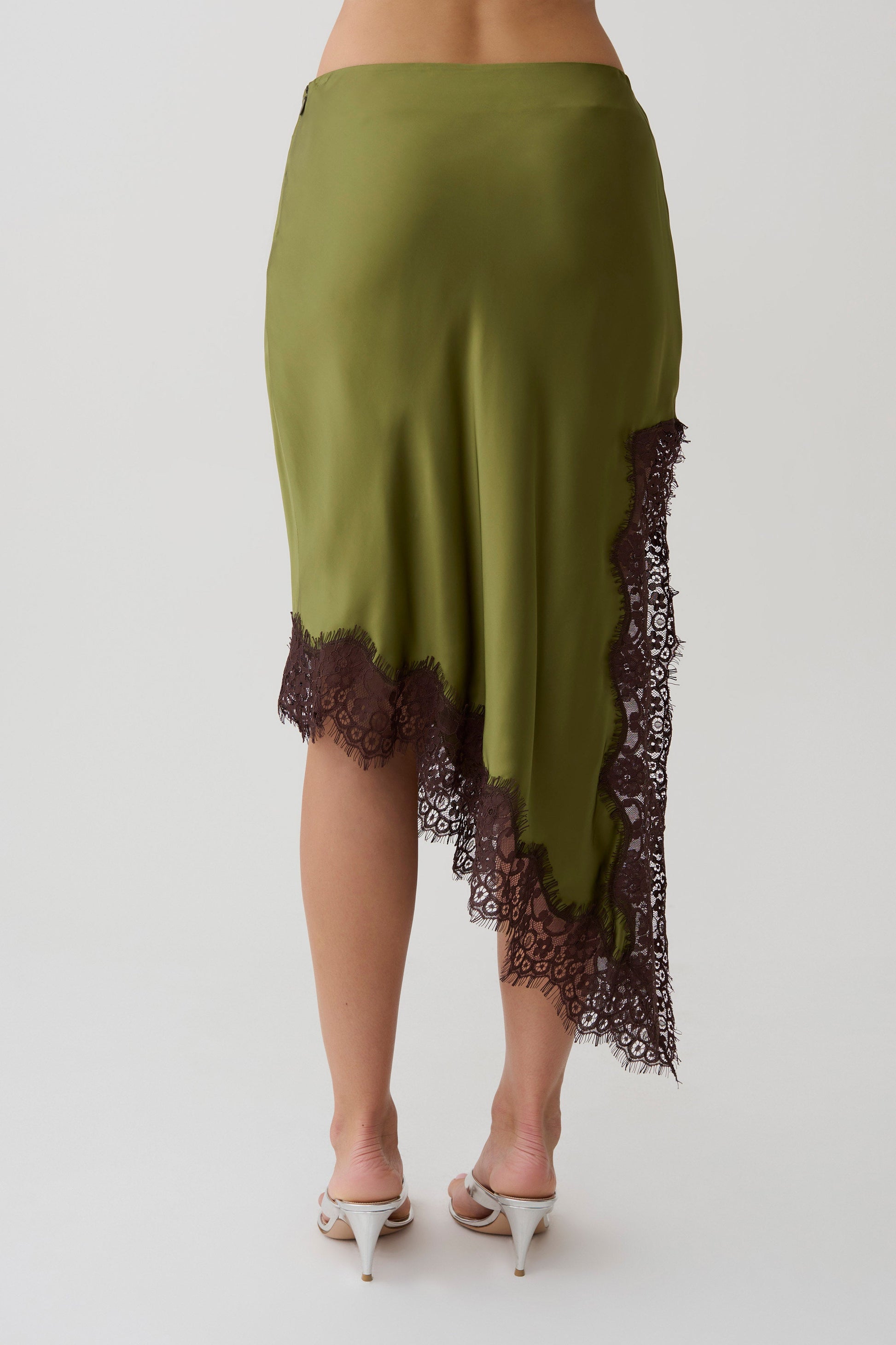 Amber Satin And Lace Midi Skirt - Olive #7