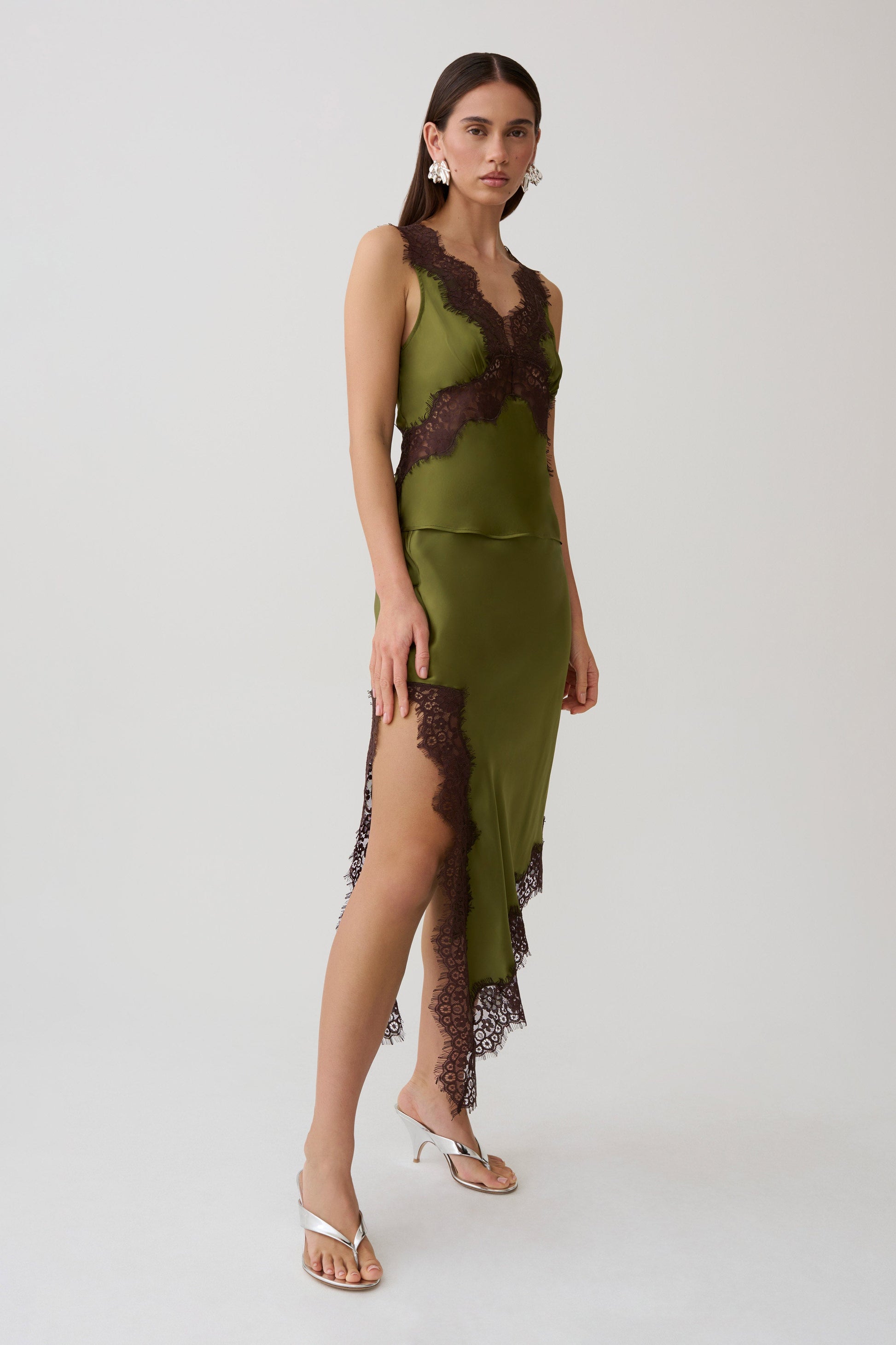 Amber Satin And Lace Midi Skirt - Olive #4