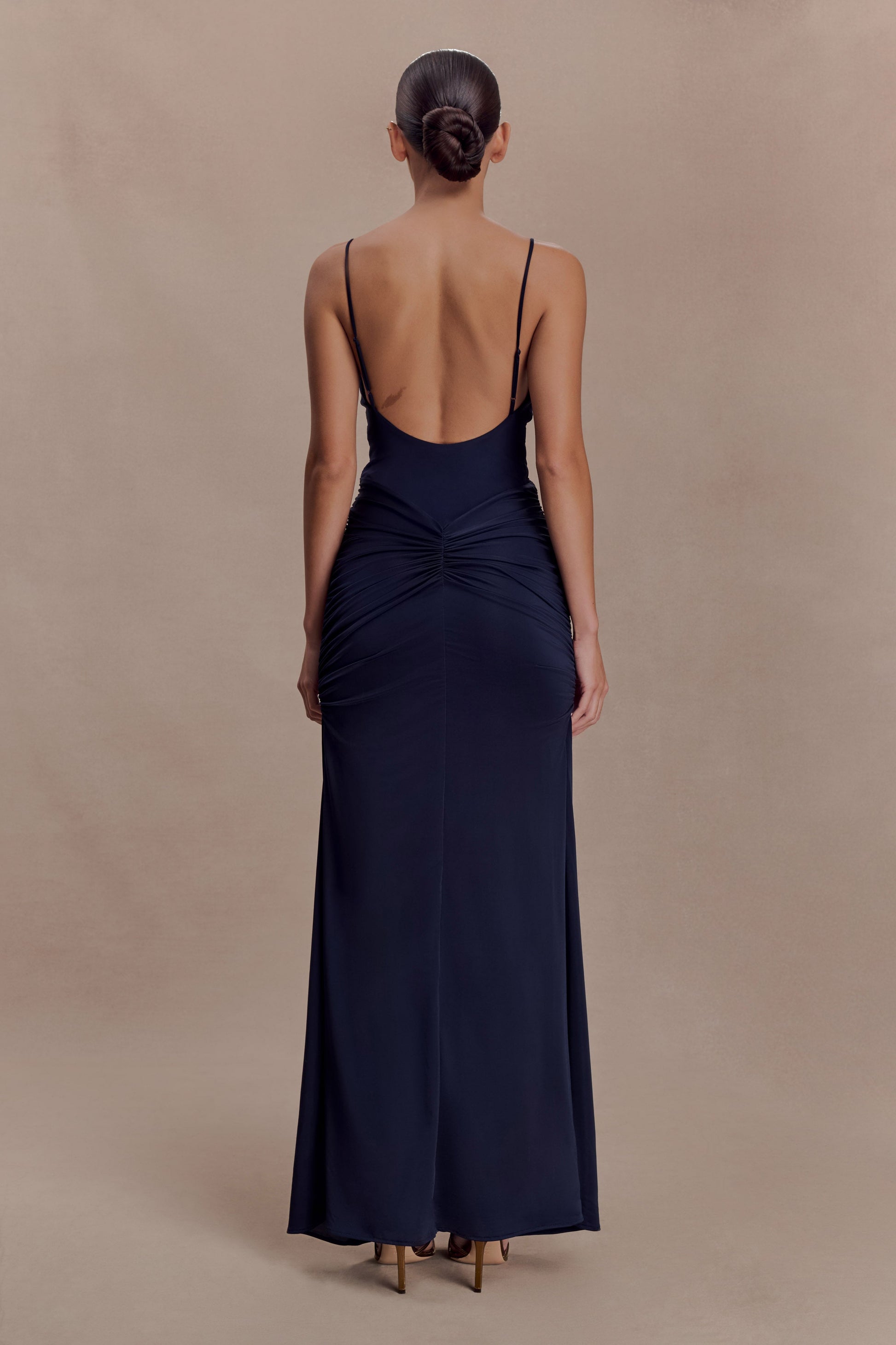 slinky backless maxi dress Halter Neck Backless Ruched Double Layer Maxi Dress In Brown Printed Slinky | EGO US