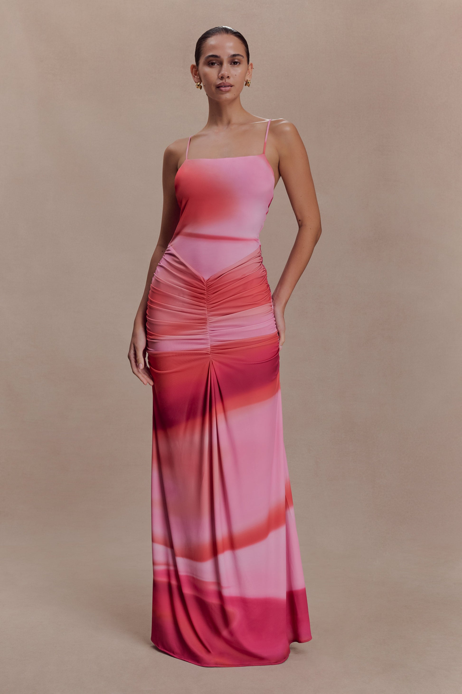 Roisin Slinky Maxi Dress / Pink Sunset Print | MESHKI