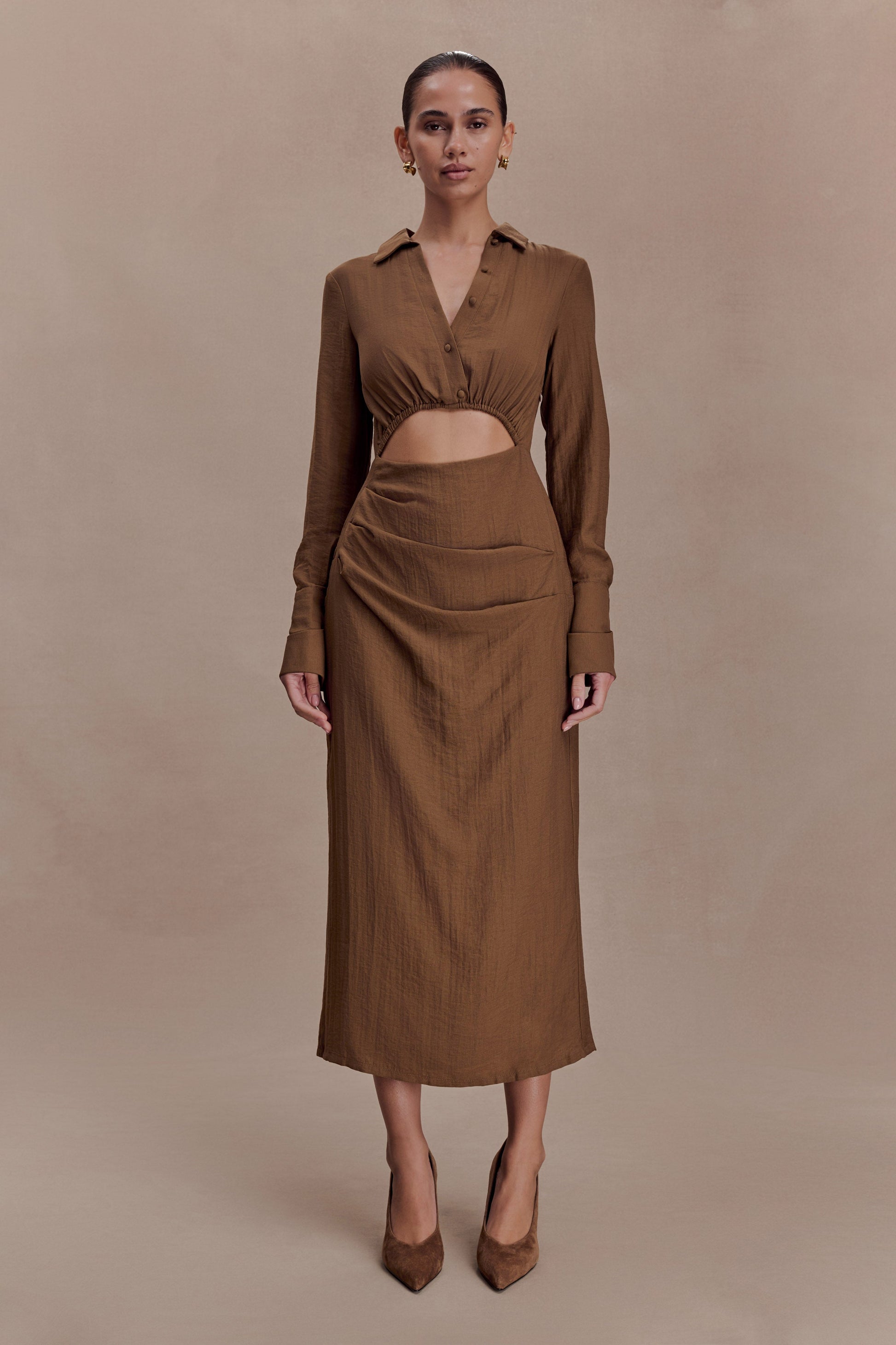 Cecilie Cut Out Shirt Midi Dress / Dark Chocolate | Meshki | 3XL Cecilie Cut Out Shirt Midi Dress / Dark Chocolate | Meshki | 3XL