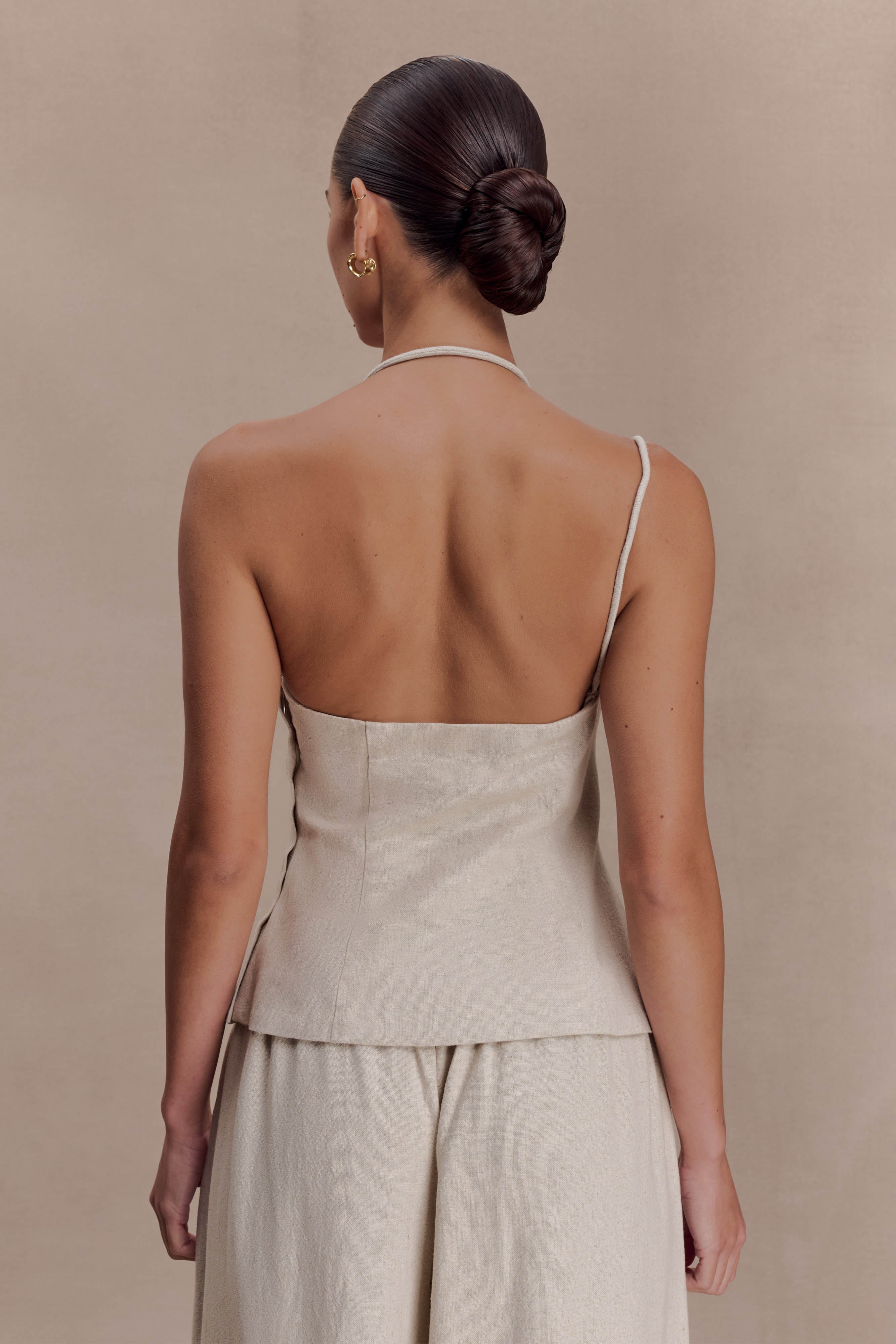 Gabby Asymmetrical Neckline Linen Beaded Top - Natural | MESHKI US