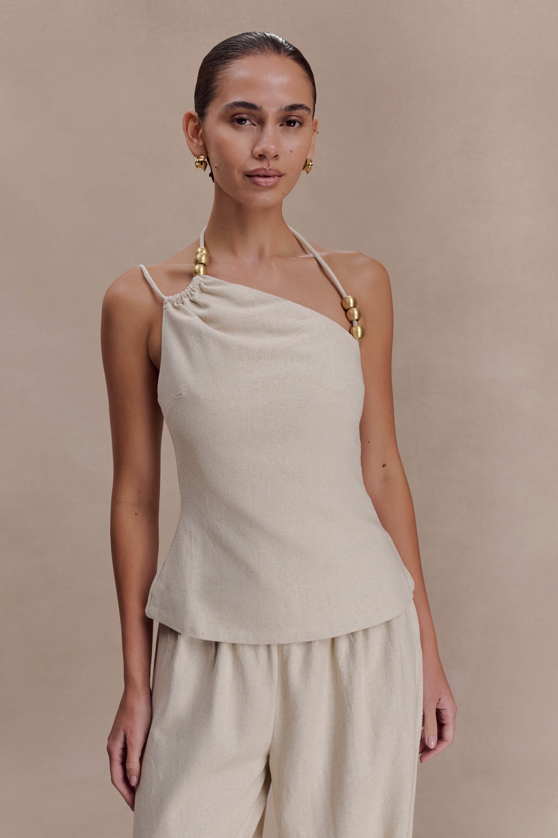 Gabby Asymmetrical Neckline Linen Beaded Top / Natural | MESHKI
