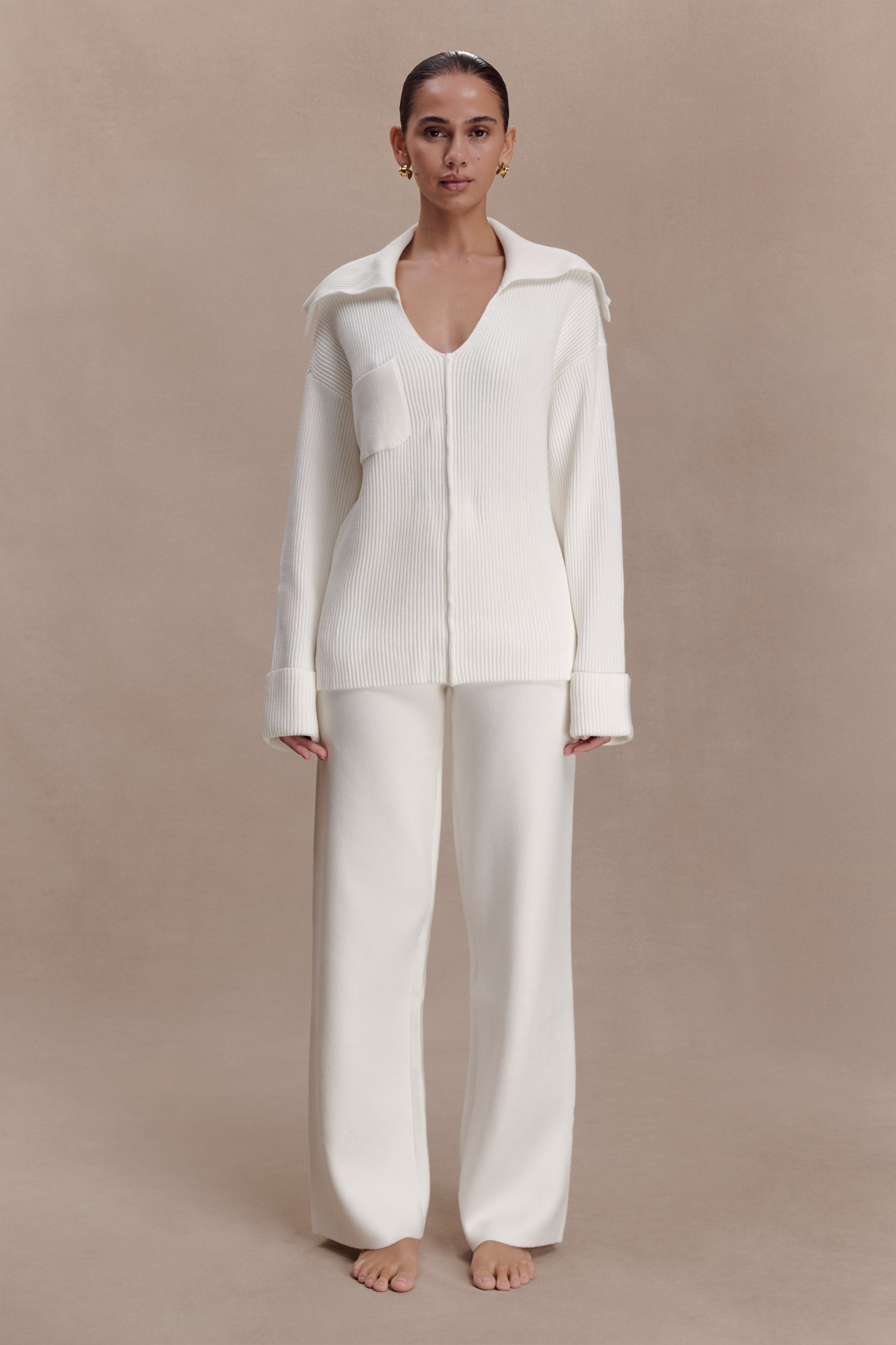 Bianka V Neck Knit Jumper - Off White | MESHKI US