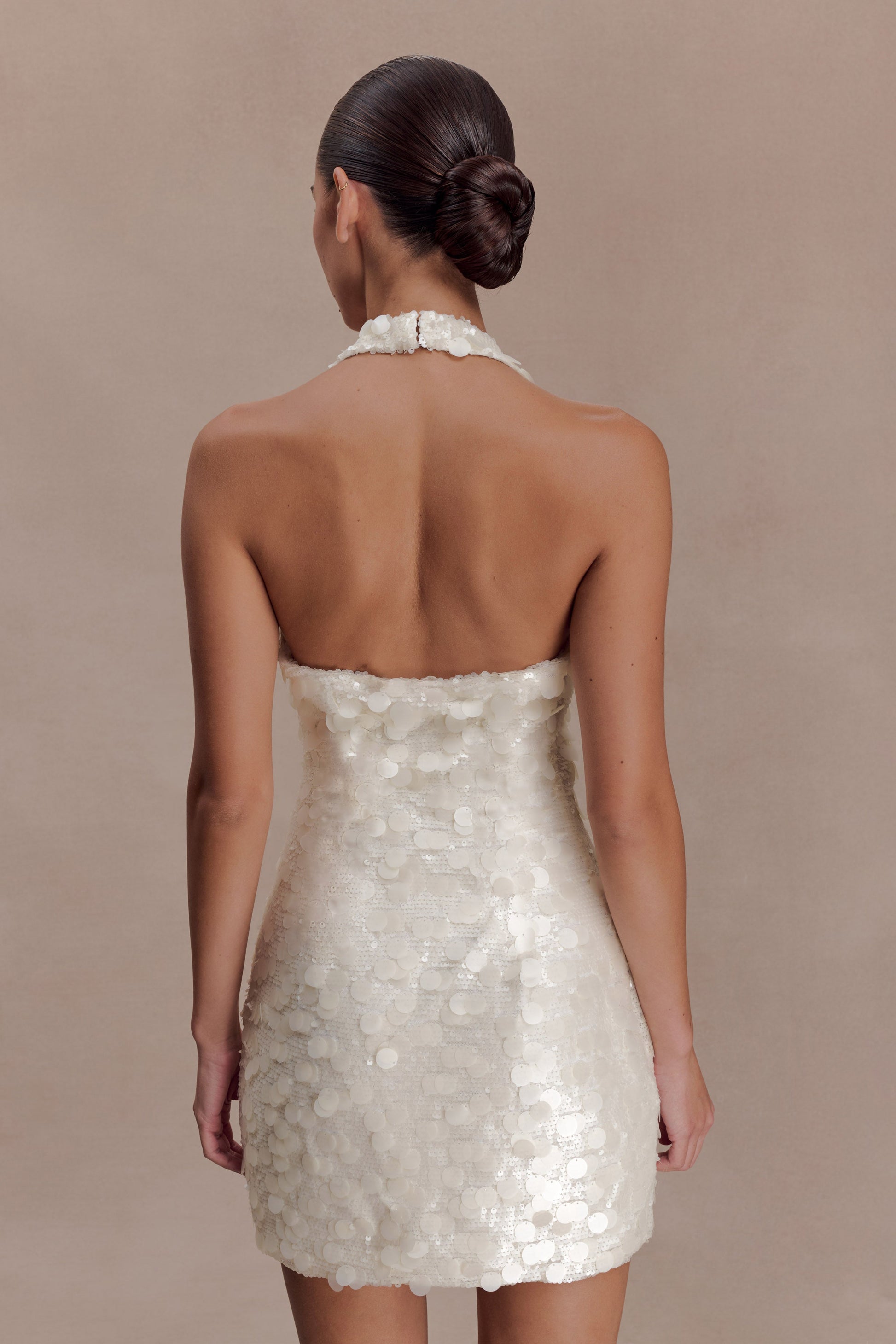 Caralee Sequin Halter Mini Dress - Ivory | MESHKI US Caralee Sequin Halter Mini Dress - Ivory | MESHKI US