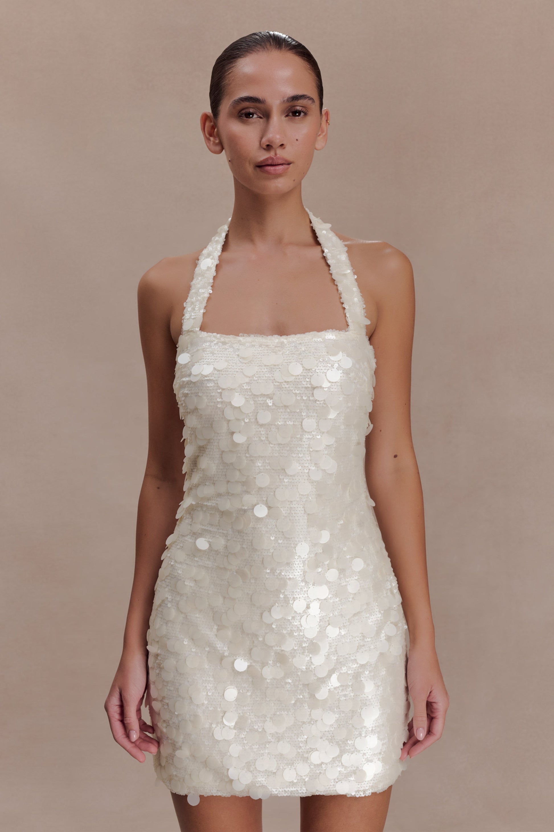 Caralee Sequin Halter Mini Dress / Ivory | MESHKI