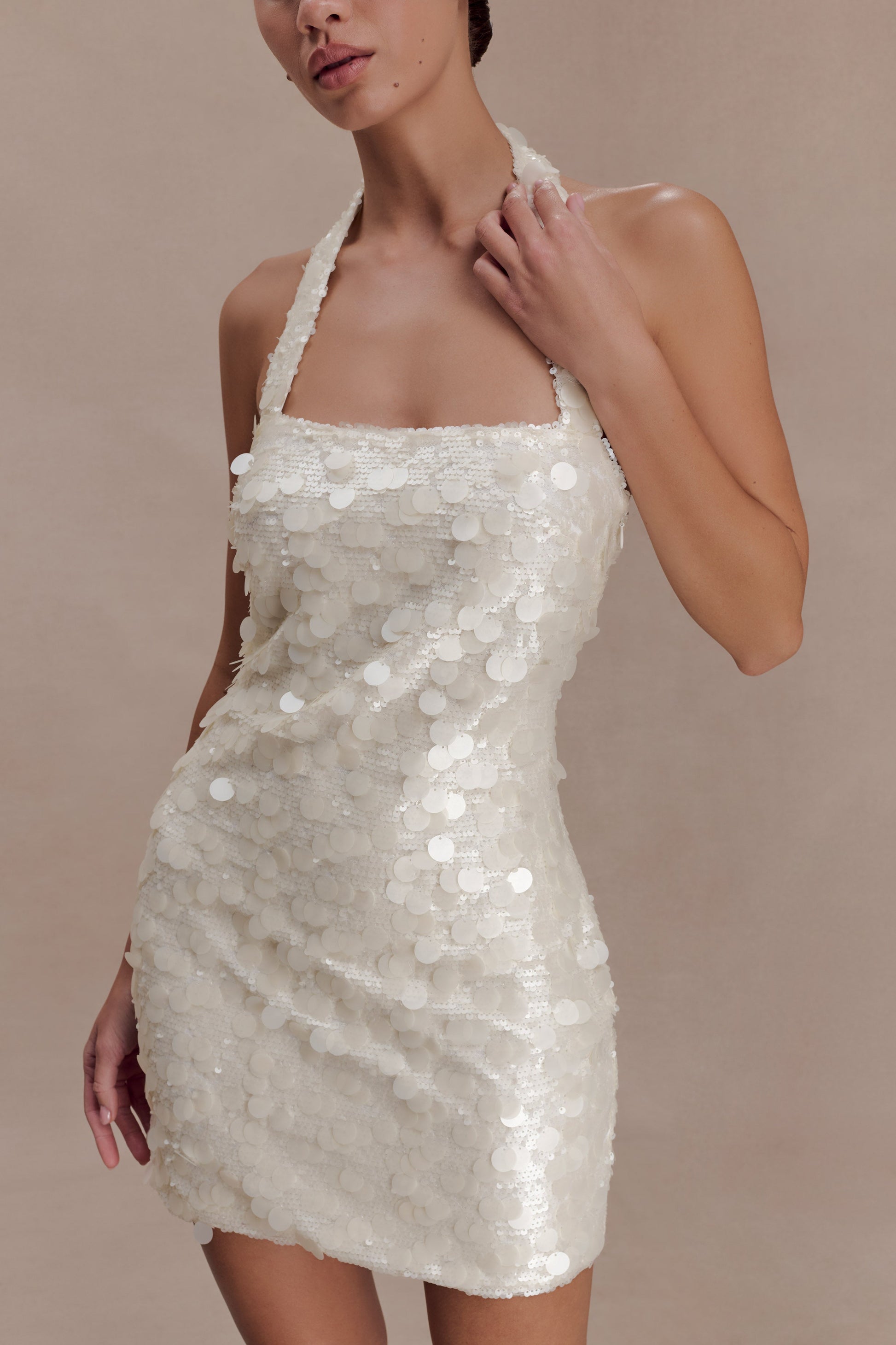 Caralee Sequin Halter Mini Dress / Ivory | MESHKI | S Caralee Sequin Halter Mini Dress / Ivory | MESHKI | S