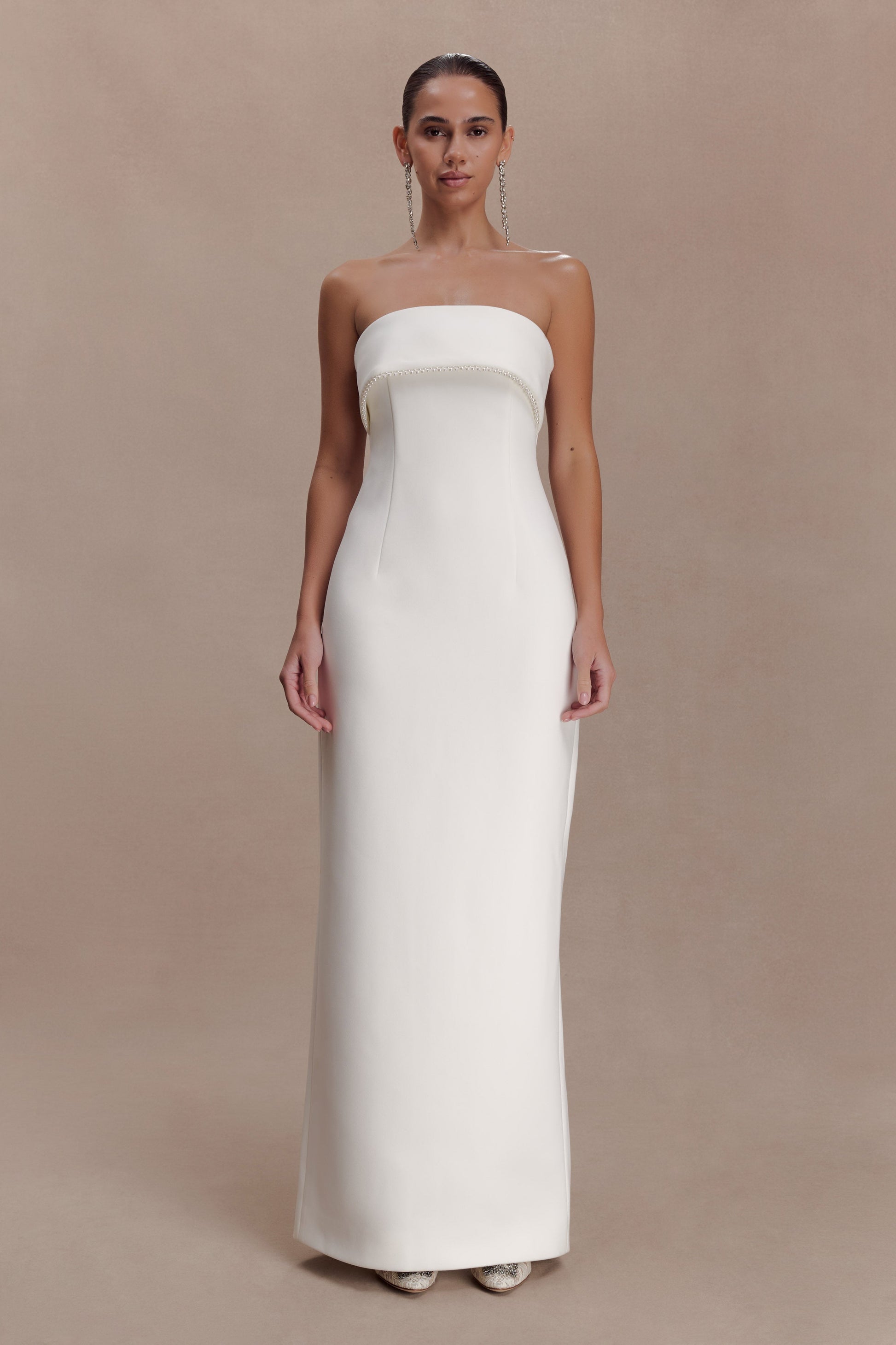 Sloane Strapless Maxi Dress With Pearls / White | MESHKI