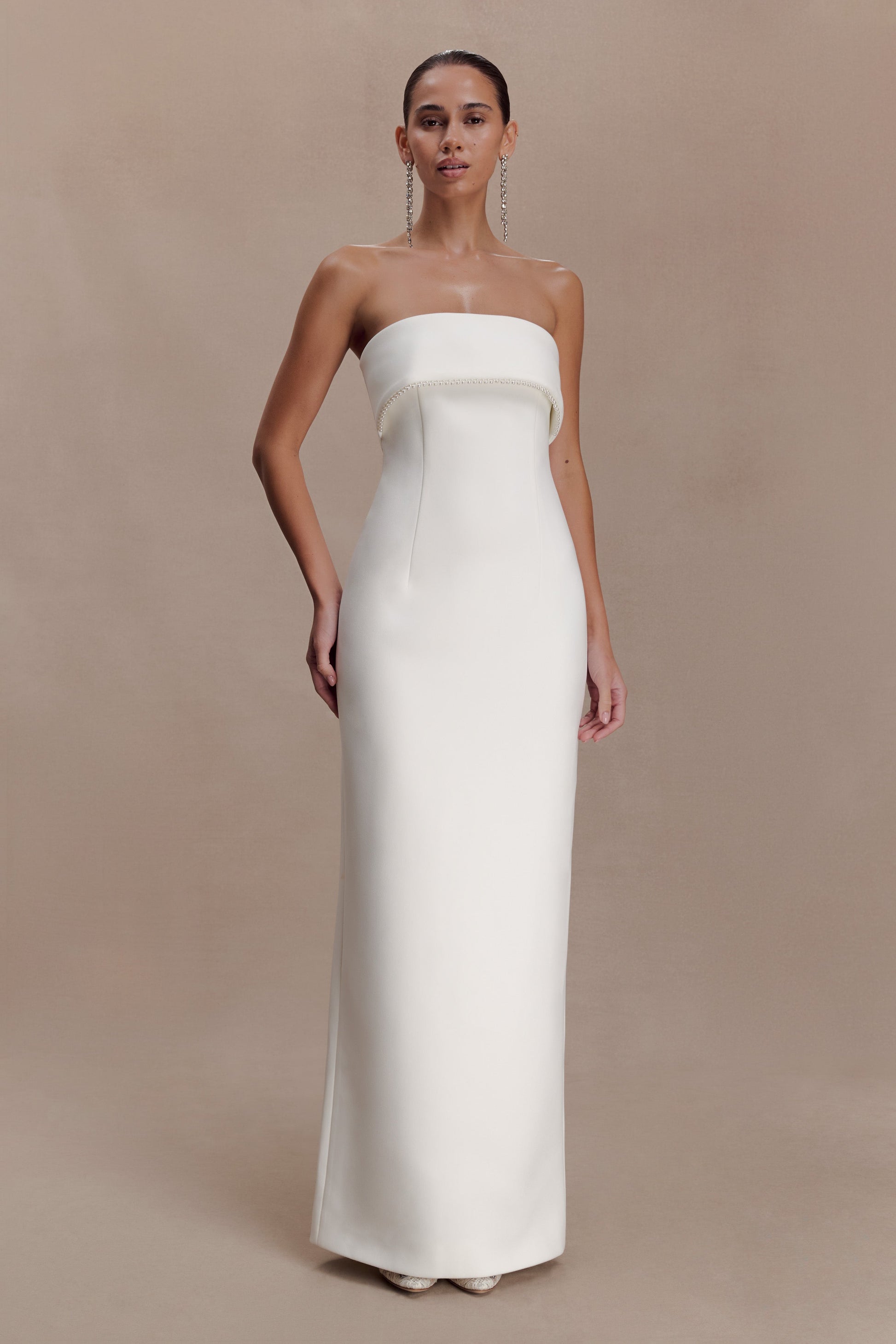 Sloane Strapless Maxi Dress With Pearls / White | MESHKI