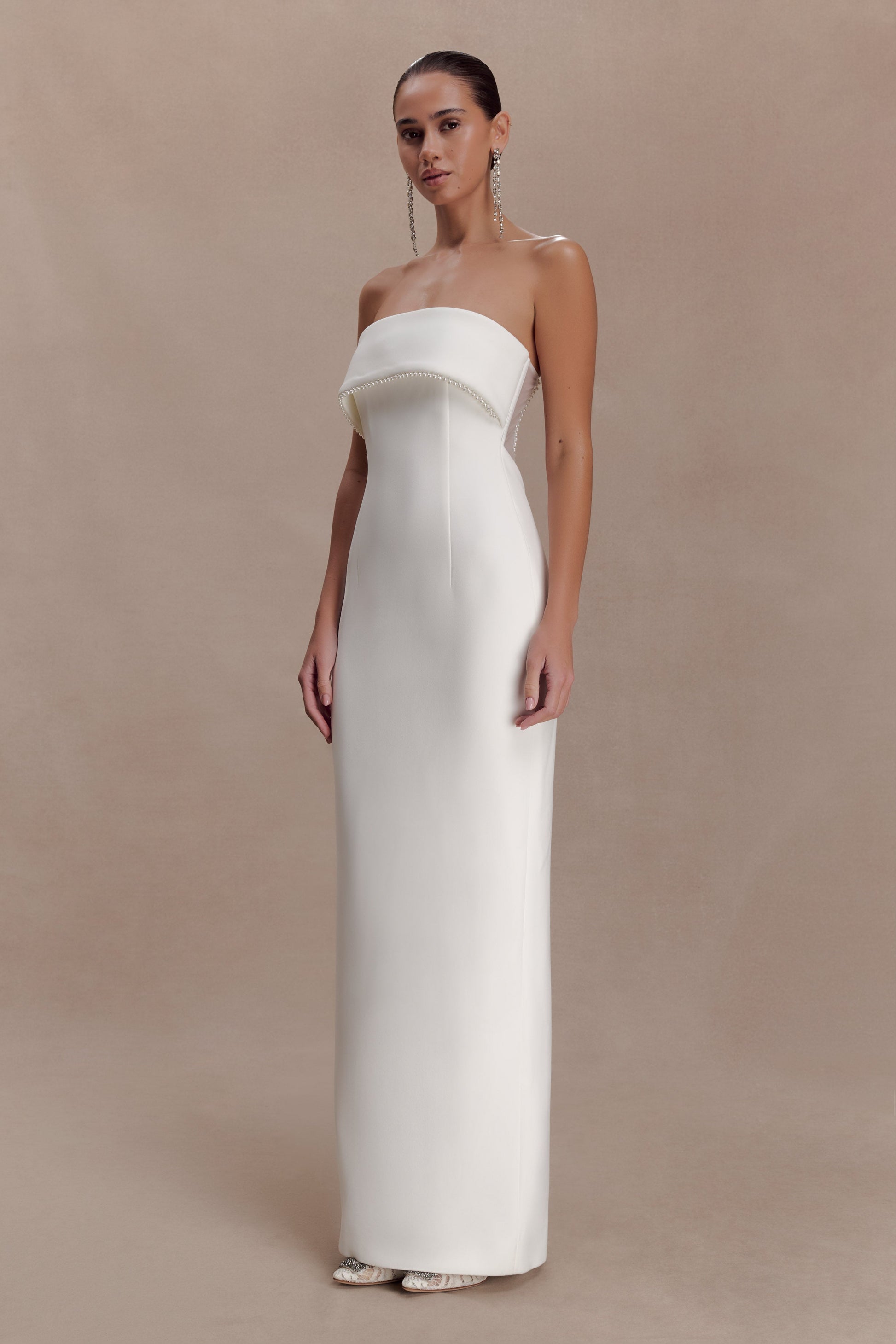 Sloane Strapless Maxi Dress With Pearls / White | MESHKI