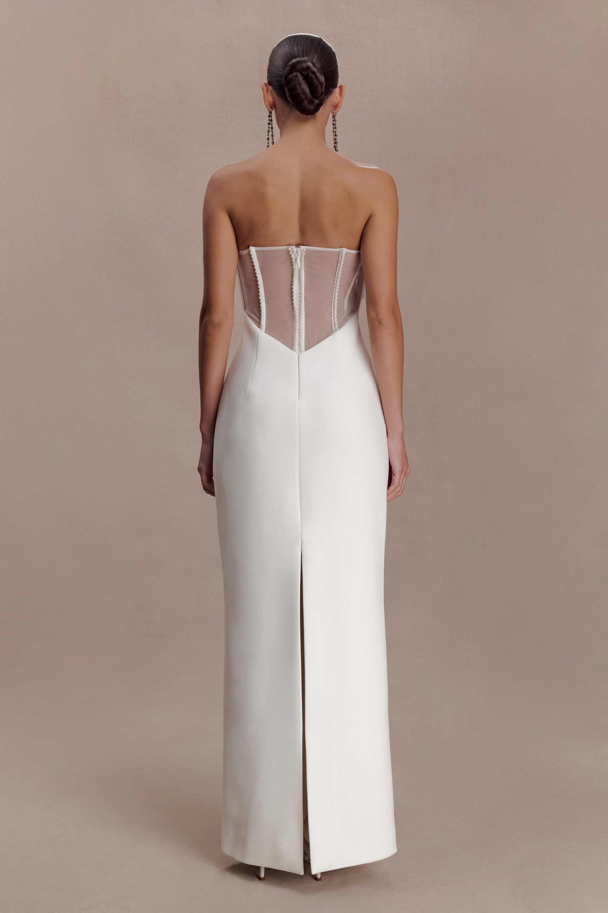 white strapless maxi dress Sloane Strapless Maxi Dress With Pearls / White | MESHKI
