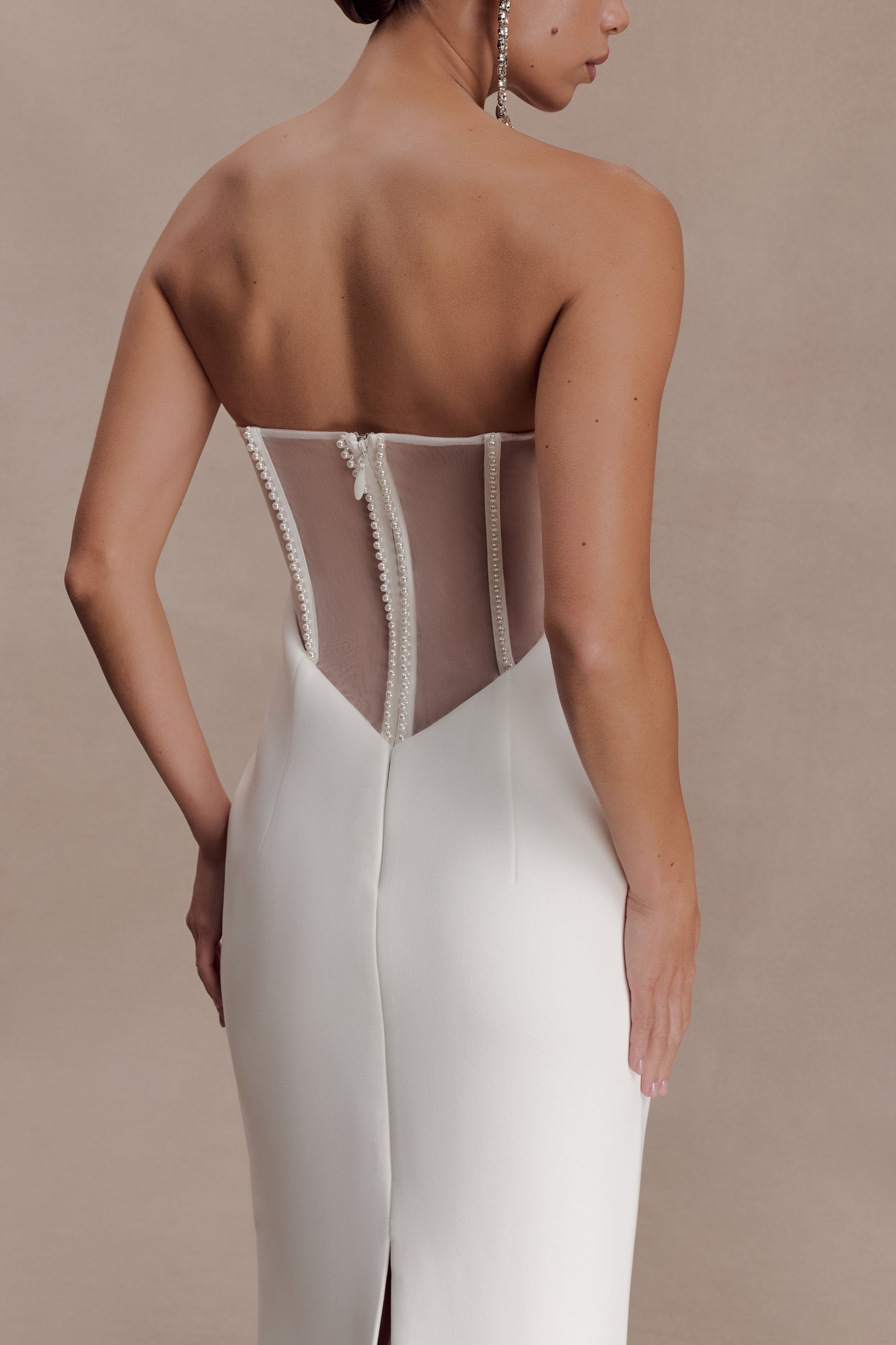 Sloane Strapless Maxi Dress With Pearls - White | MESHKI US Sloane Strapless Maxi Dress With Pearls - White | MESHKI US
