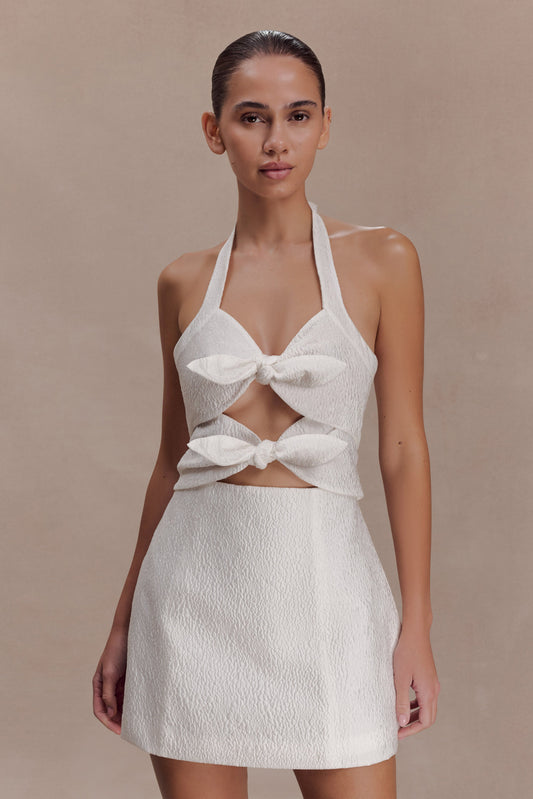 bachelorette dresses white Ives Front Tie Mini Dress M the star of this little white mini dress is its front tie and peek Gina Dress, in White Rhinestone
