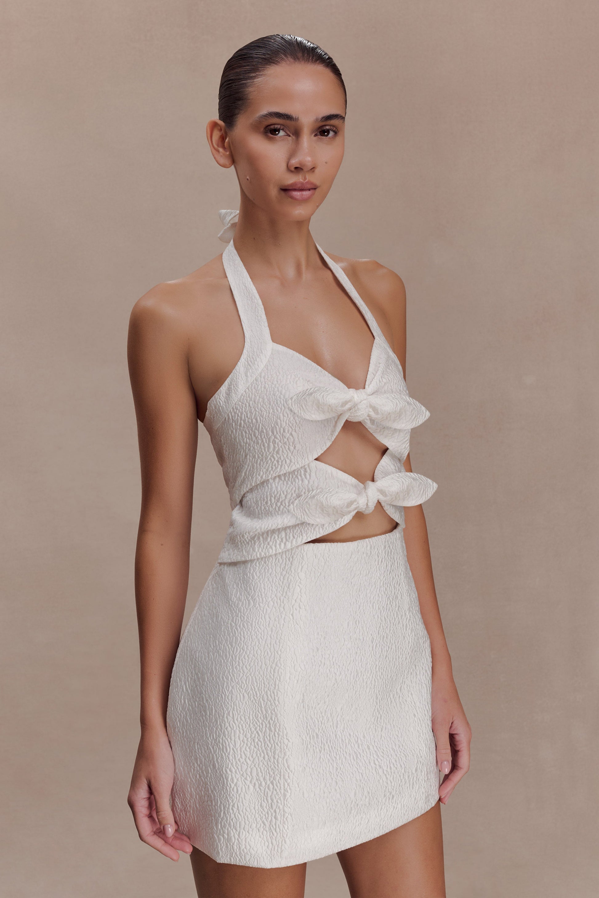 white halter top bodycon dress Ella Bow Detail Halter Mini Dress / White | MESHKI