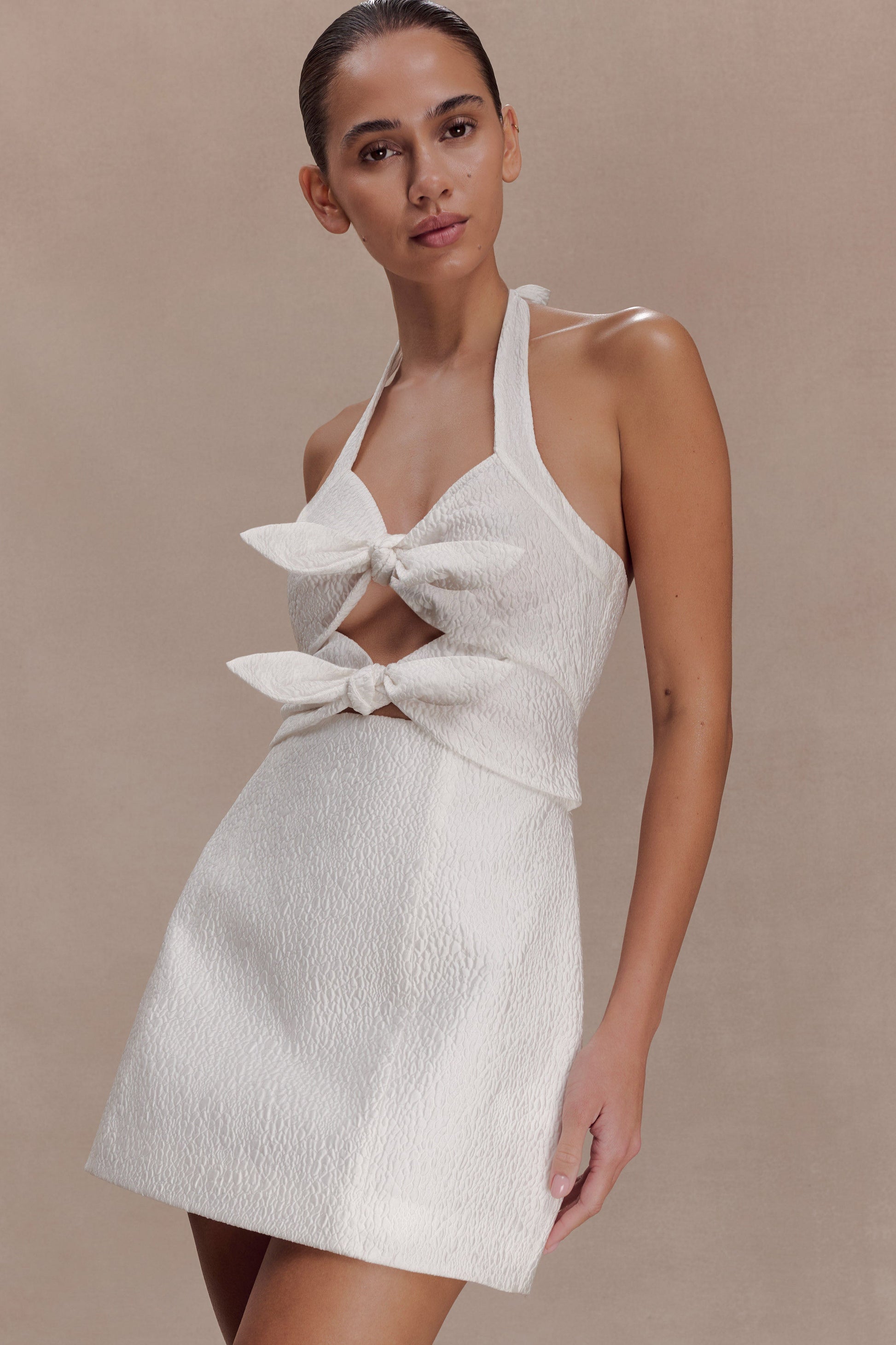 halter bow dress Glitter White Back Mini Oversized bow detail Halter Neck Back Bow Mini