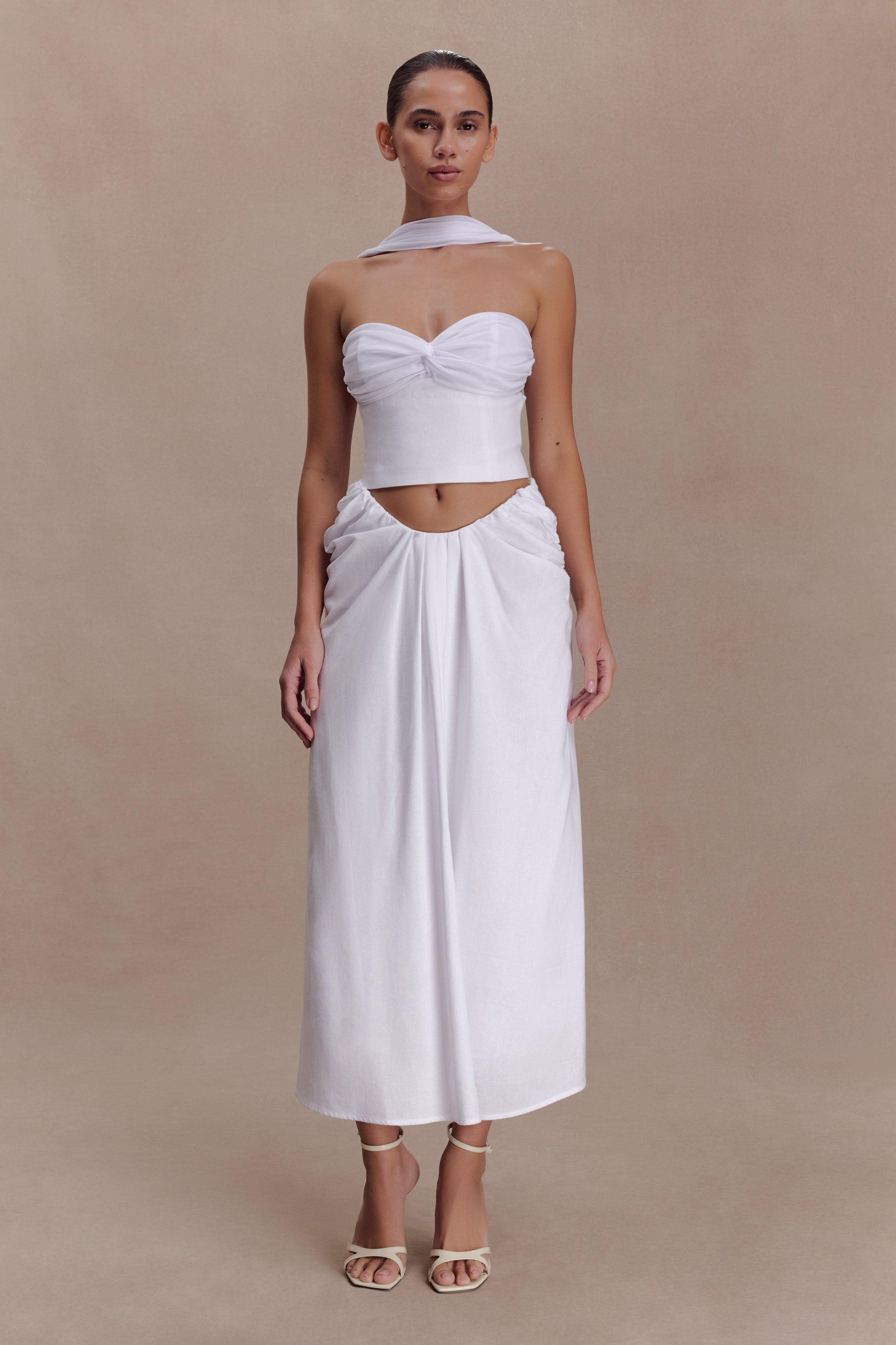 Talia Draped Linen Midi Skirt / White | MESHKI