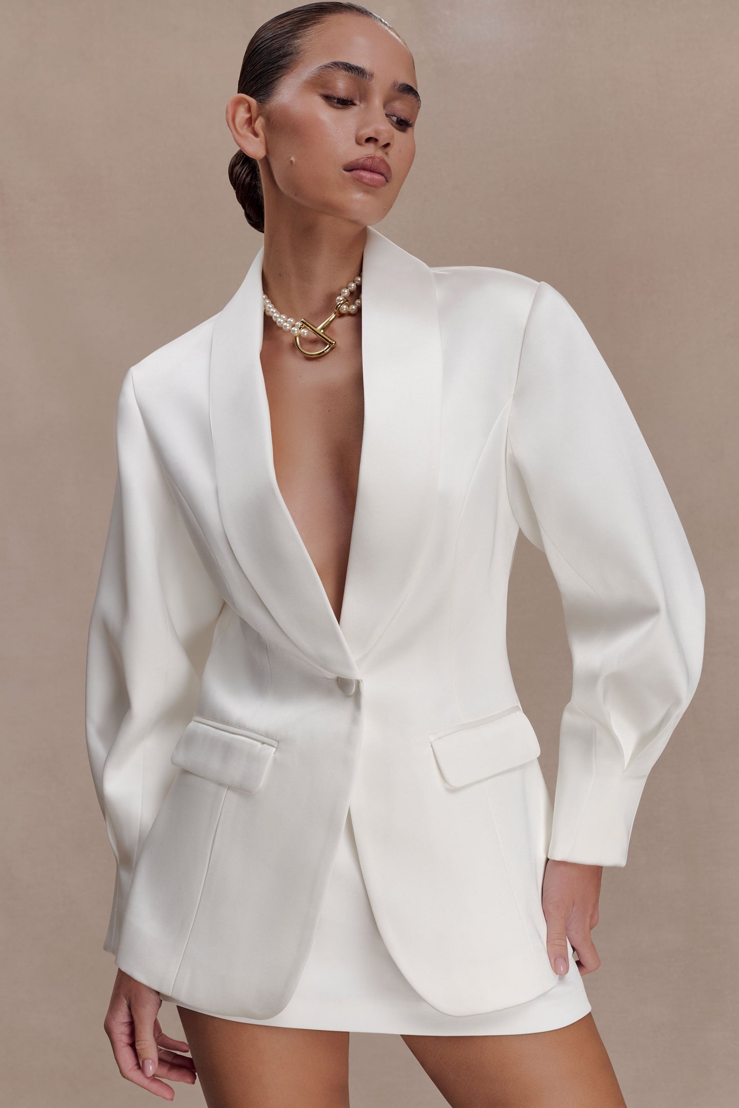Kylie Oversized Satin Blazer - Ivory