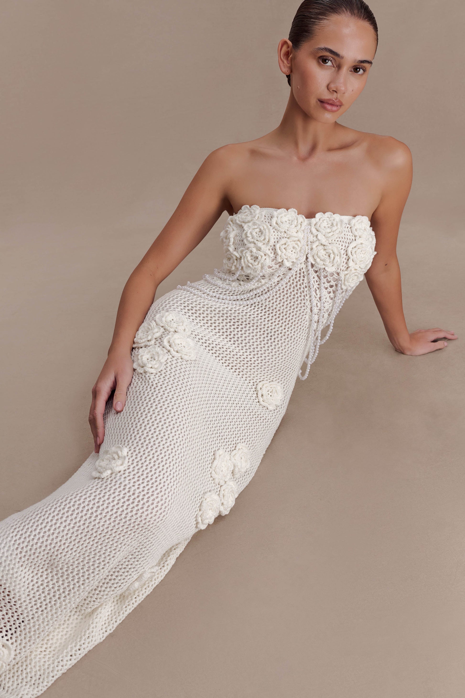 Samantha Crochet Midi Dress With Flowers / Ivory | MESHKI