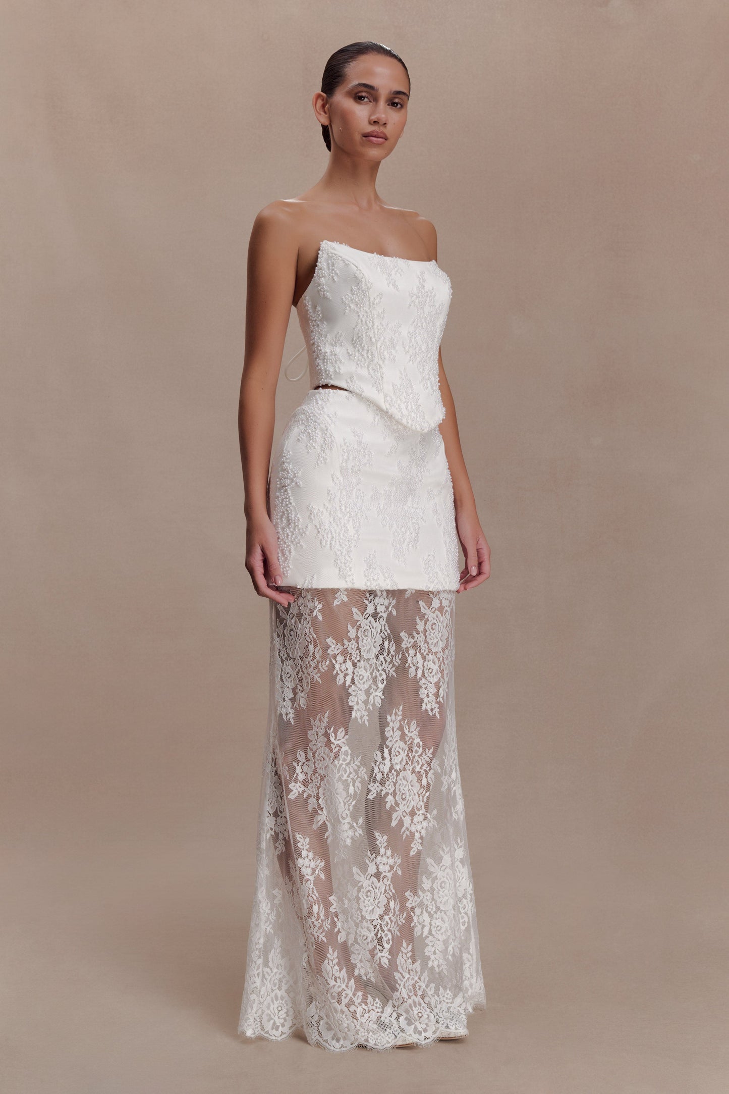 Camille Beaded Satin And Lace Corset Top - Ivory