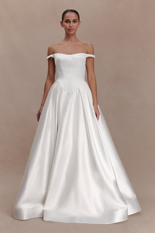 Willow Off Shoulder Satin Maxi Gown - White