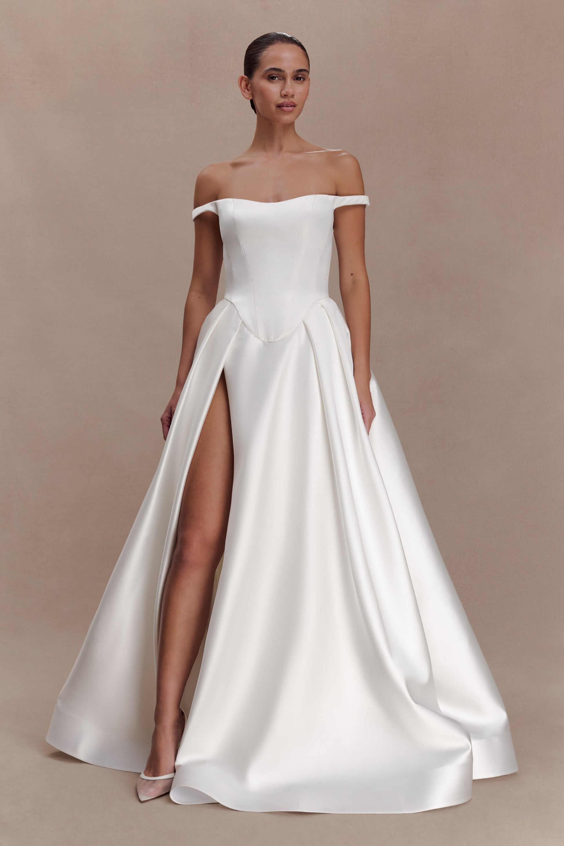 Willow Off Shoulder Satin Maxi Gown / White | MESHKI
