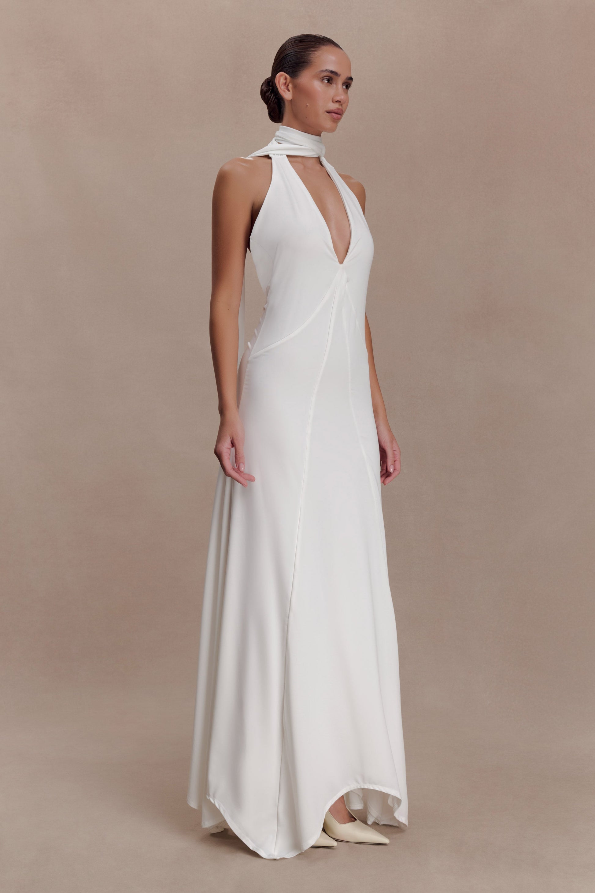 white dress with scarf Juliet Slinky Maxi Dress With Scarf / White | MESHKI