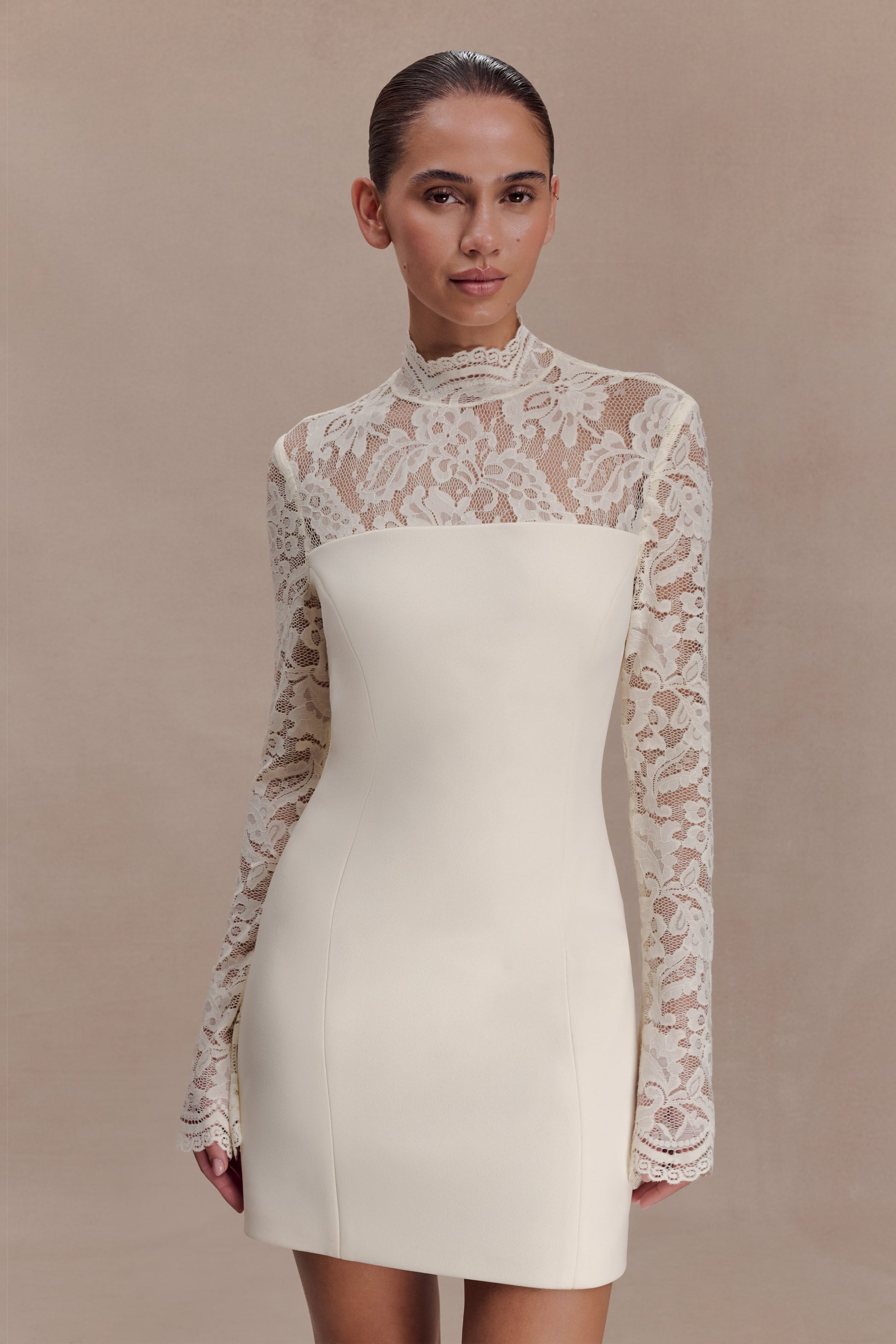 Aurelie Long Sleeve Lace Mini Dress / Ivory | MESHKI