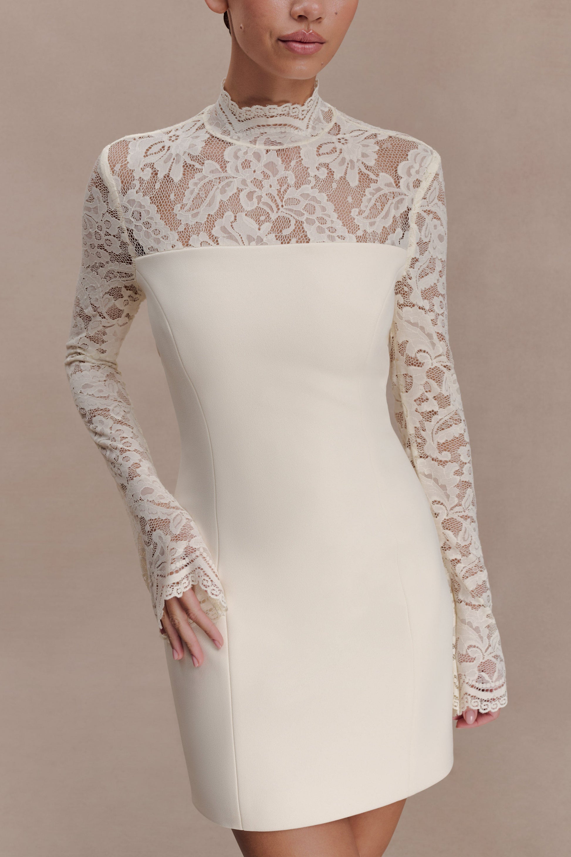 Aurelie Long Sleeve Lace Mini Dress / Ivory | MESHKI | S Aurelie Long Sleeve Lace Mini Dress / Ivory | MESHKI | S