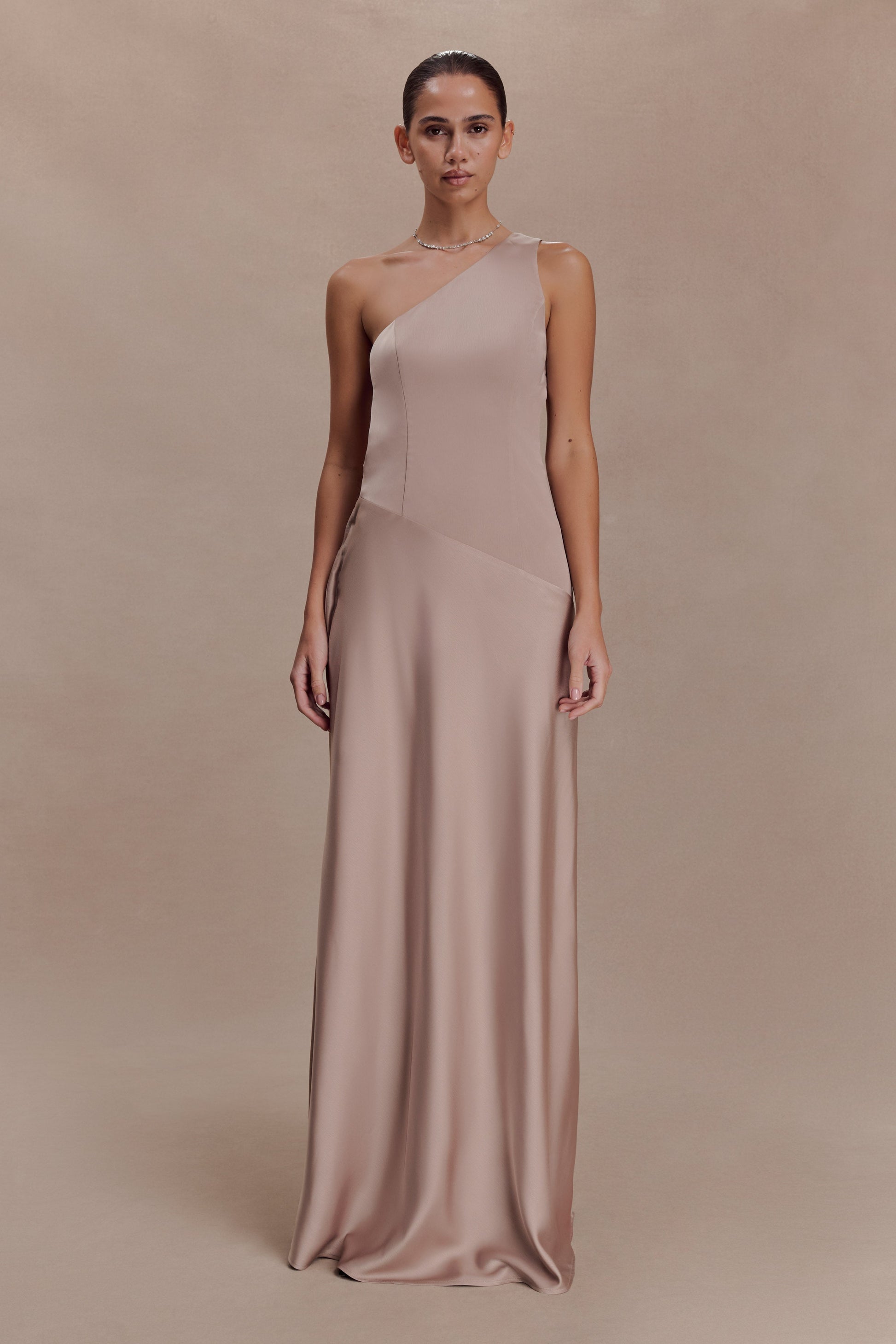 Lyla Asymmetrical Satin Maxi Dress / Bronze Taupe | MESHKI | XL Lyla Asymmetrical Satin Maxi Dress / Bronze Taupe | MESHKI | XL
