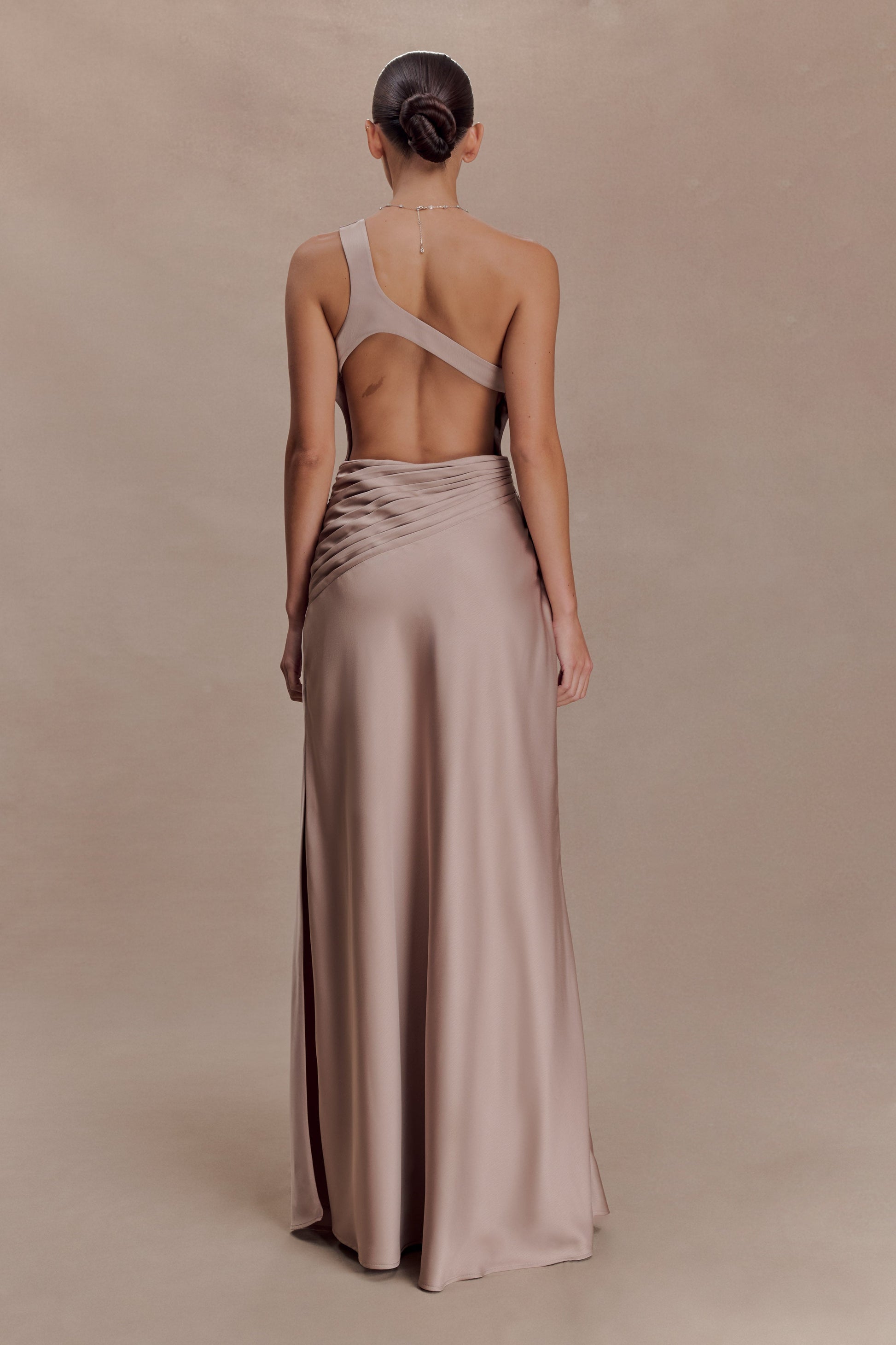 Lyla Asymmetrical Satin Maxi Dress - Bronze Taupe | MESHKI US Lyla Asymmetrical Satin Maxi Dress - Bronze Taupe | MESHKI US