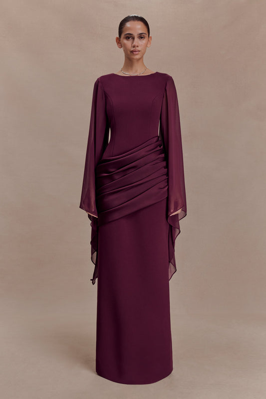 Samantha Waterfall Sleeves Maxi Dress - Wine