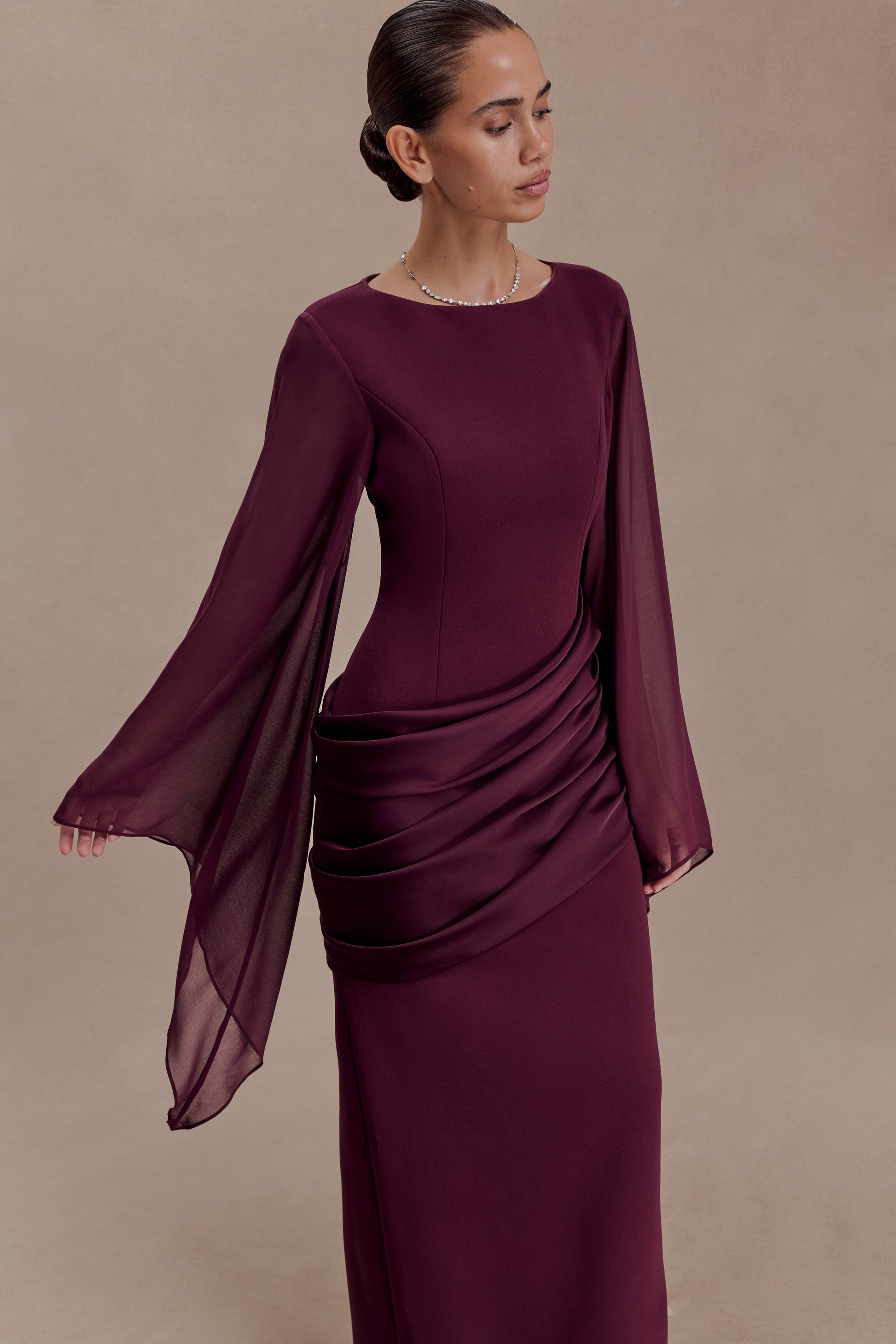 Samantha Waterfall Sleeves Maxi Dress - Wine | MESHKI US Samantha Waterfall Sleeves Maxi Dress - Wine | MESHKI US