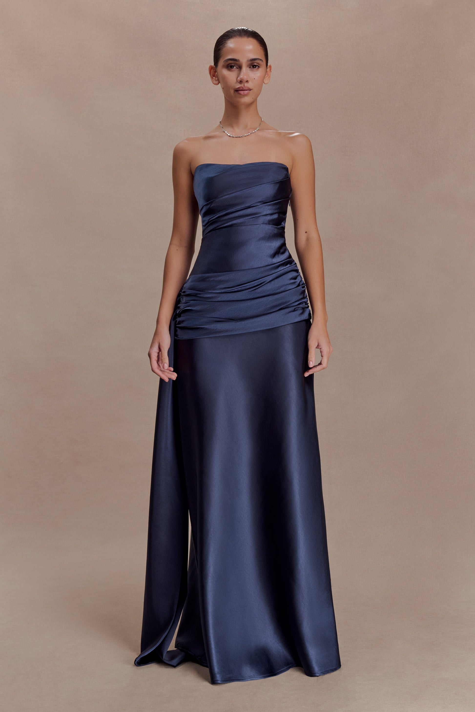 Sarah Strapless Maxi Dress With Waist Tie / Navy | MESHKI