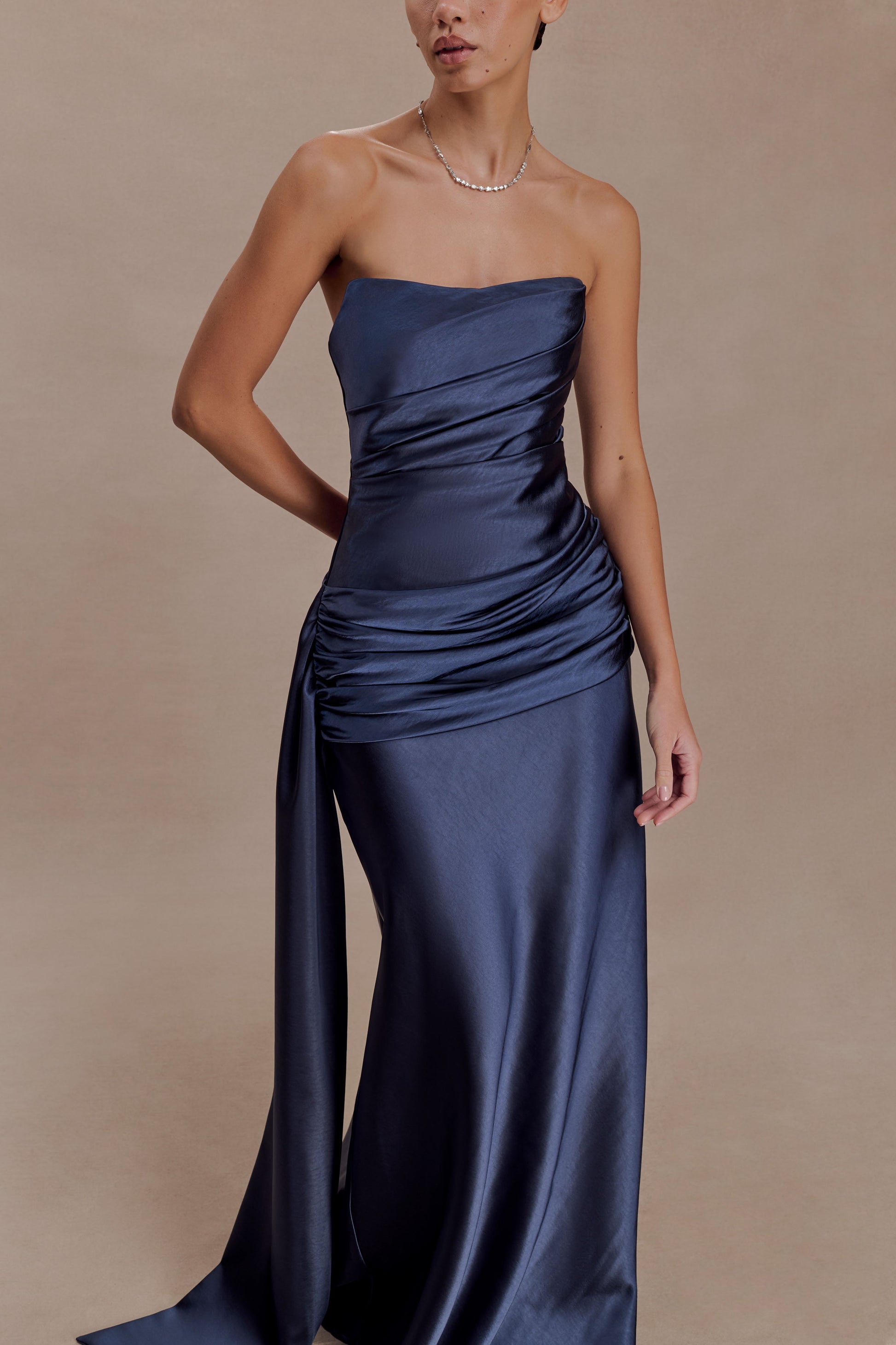 Sarah Strapless Maxi Dress With Waist Tie - Navy | MESHKI US Sarah Strapless Maxi Dress With Waist Tie - Navy | MESHKI US