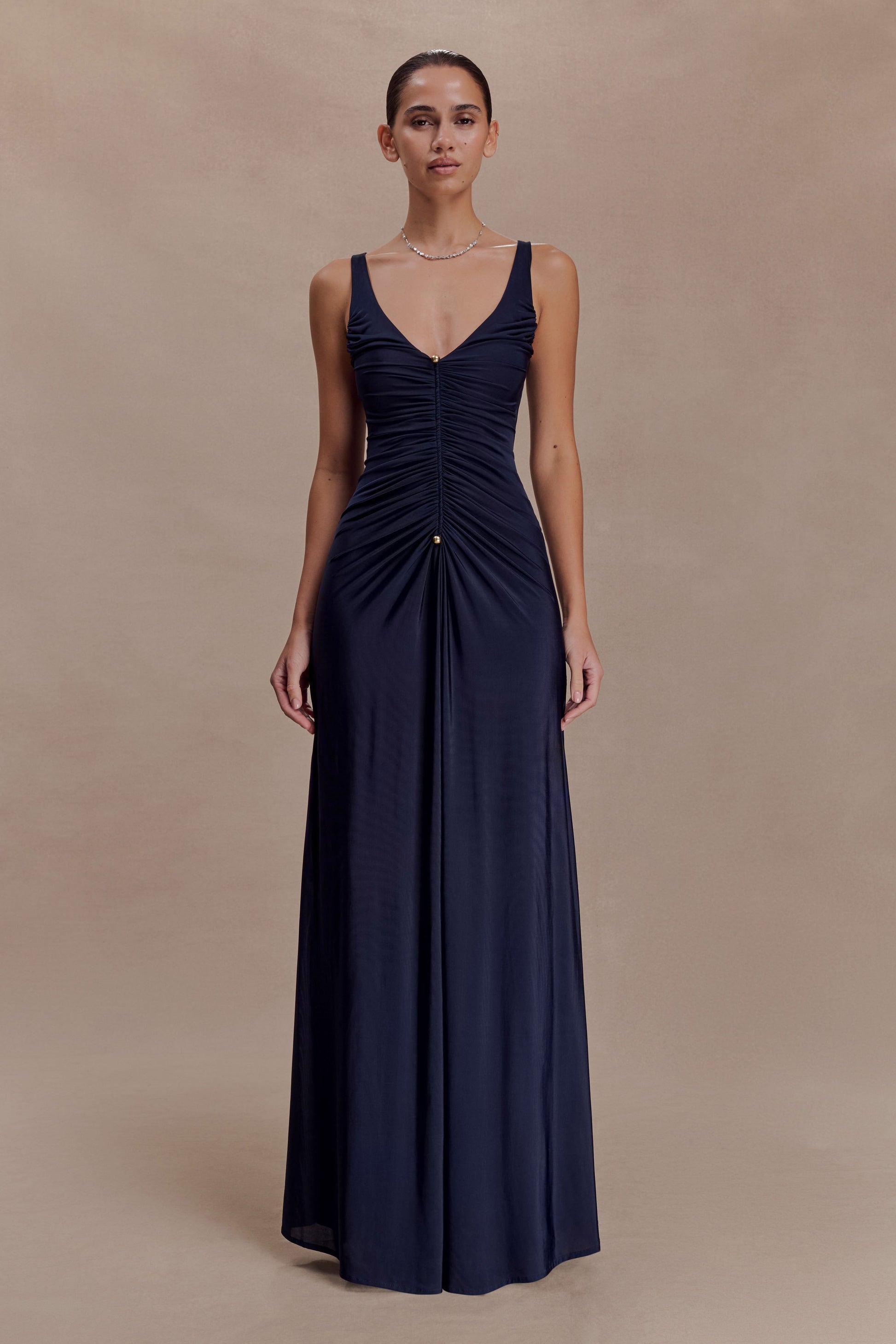 Perrie Slinky Ruched Maxi Dress - Ink Blue | MESHKI US Perrie Slinky Ruched Maxi Dress - Ink Blue | MESHKI US
