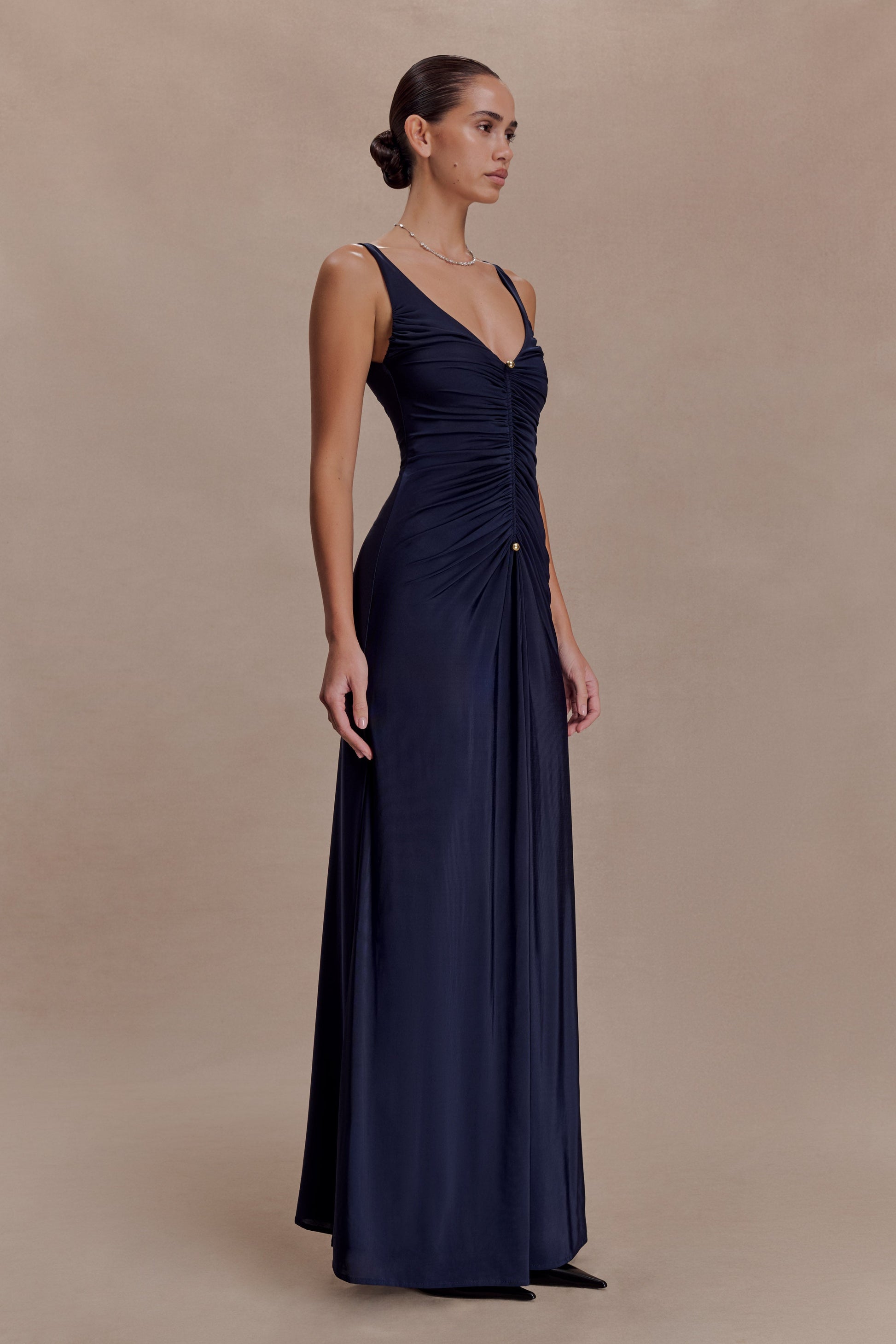 ruched maxi dress Perrie Slinky Ruched Maxi Dress / Ink Blue | MESHKI