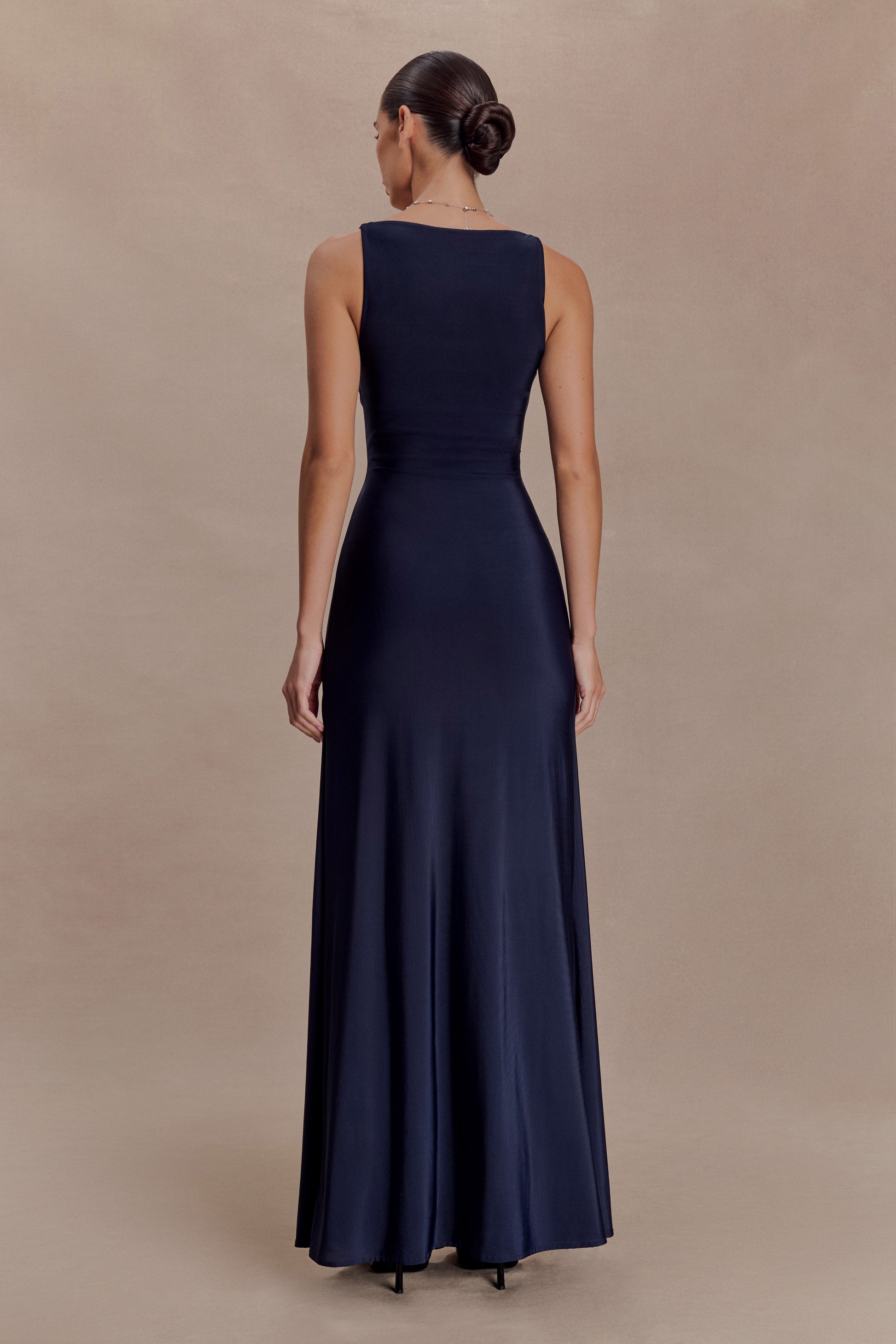Perrie Slinky Ruched Maxi Dress - Ink Blue | MESHKI US Perrie Slinky Ruched Maxi Dress - Ink Blue | MESHKI US