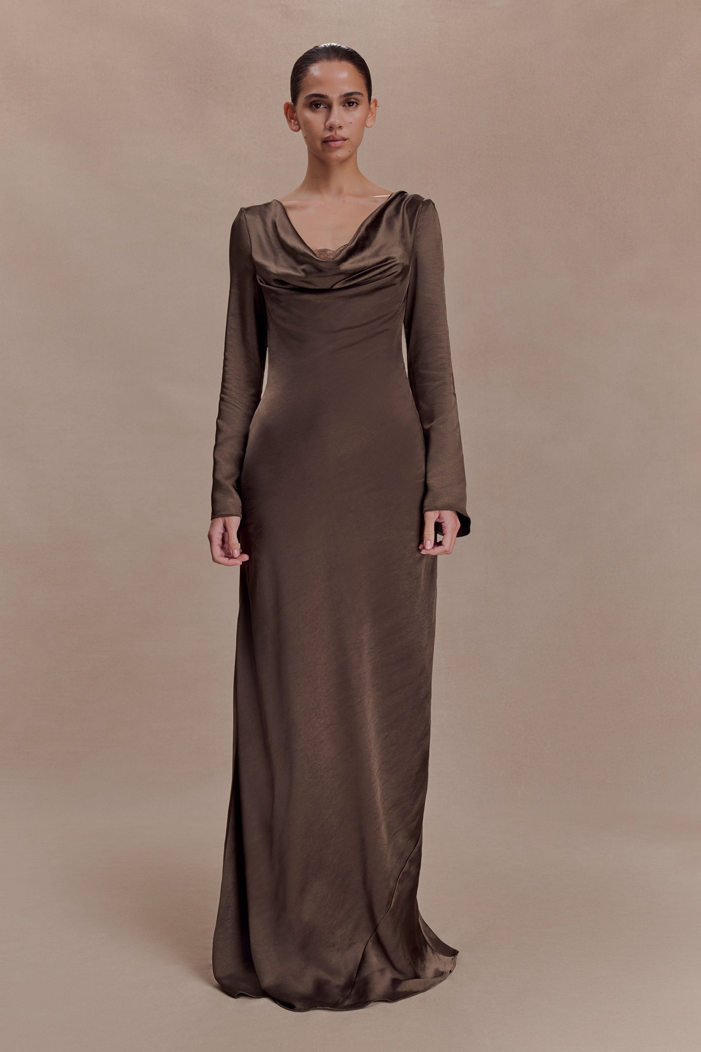 Eliza Long Sleeve Cowl Lace And Satin Maxi Dress - Mocha