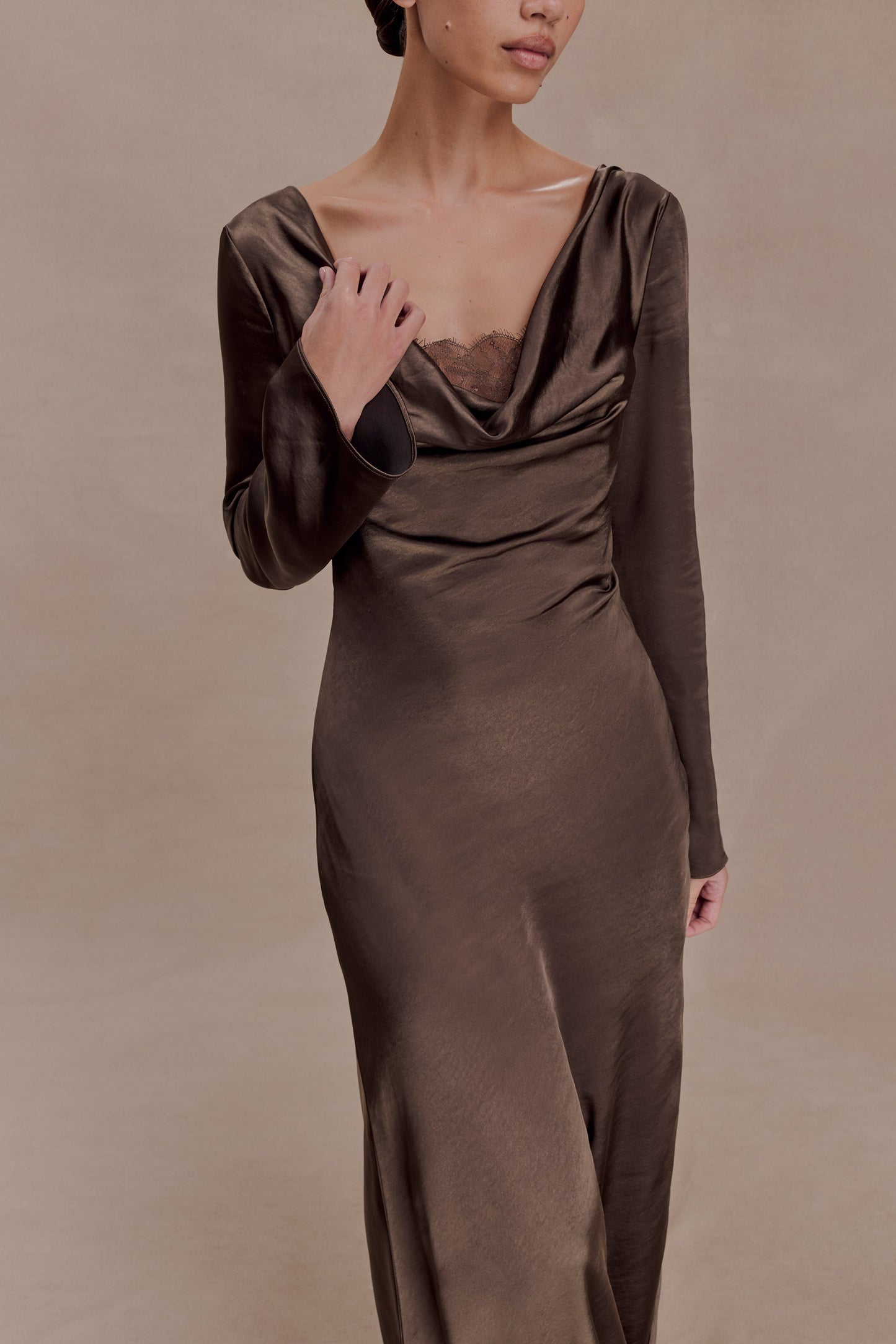 Eliza Long Sleeve Cowl Lace And Satin Maxi Dress - Mocha